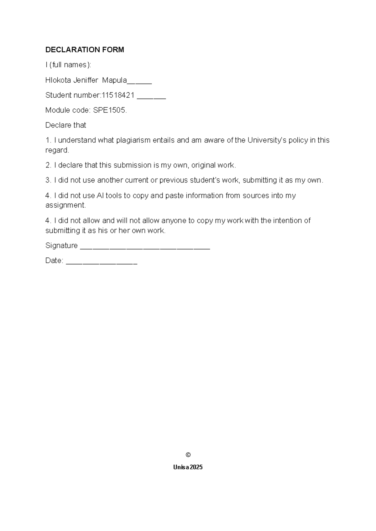 SPE1505 Declaration Form: Plagiarism Awareness & Originality - Studocu