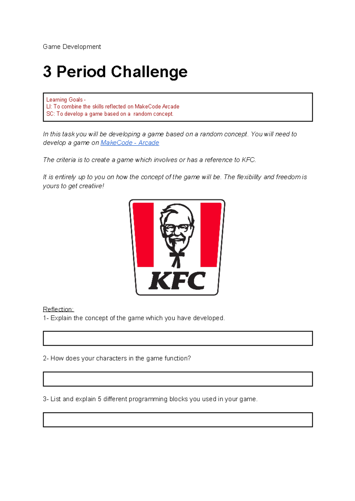 3.0 Game Development: 3 Period Challenge Project on MakeCode Arcade ...