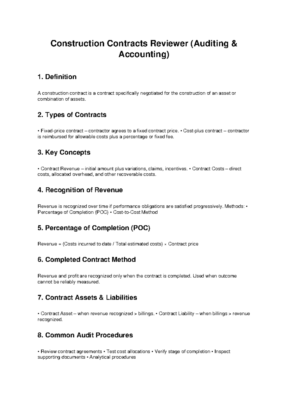 Construction Contracts Review Guide (Auditing Accounting) - Studocu