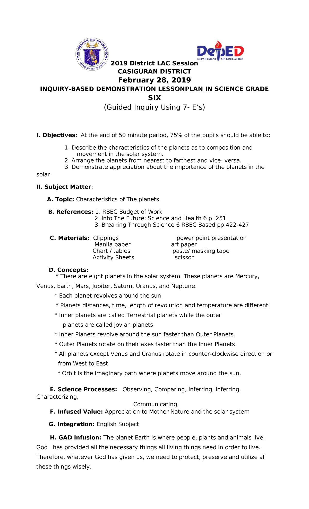 COT DLP Science 6: Demonstration Lesson Plan on Solar System - Studocu
