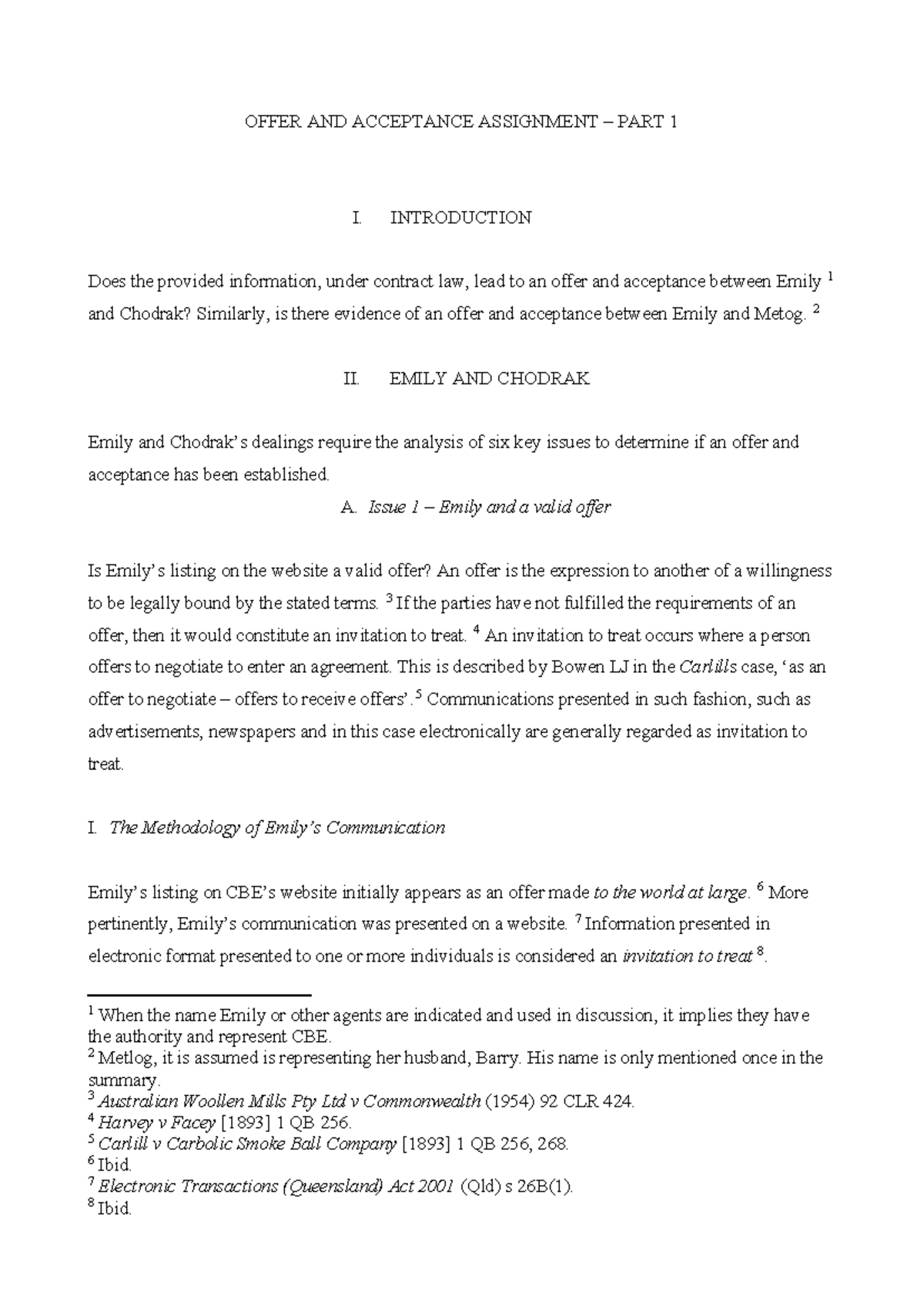 Contract Law (LAW101) Offer & Acceptance Assignment Analysis - Studocu