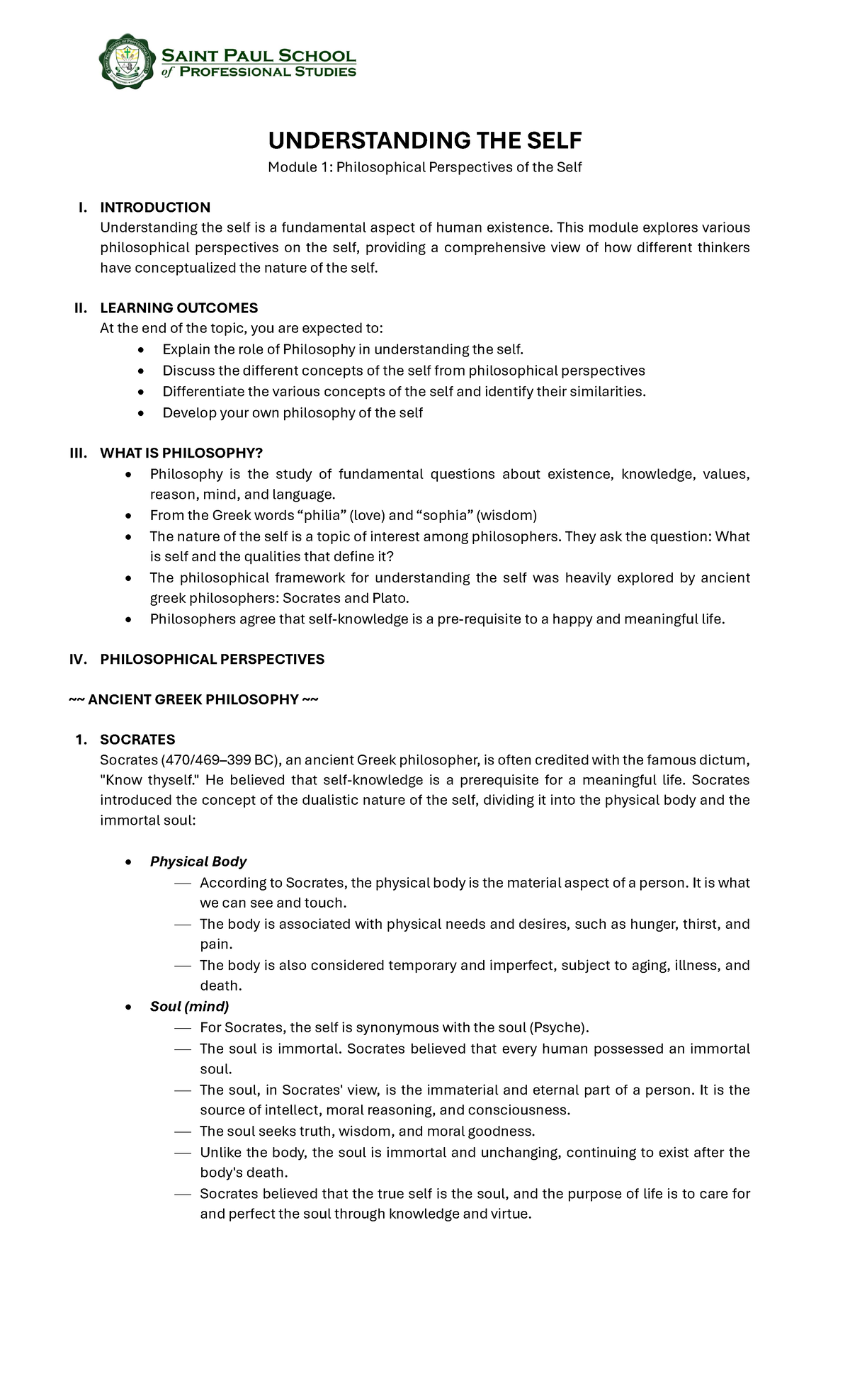 Module 1 - Understanding the Self: Philosophical Perspectives - Studocu