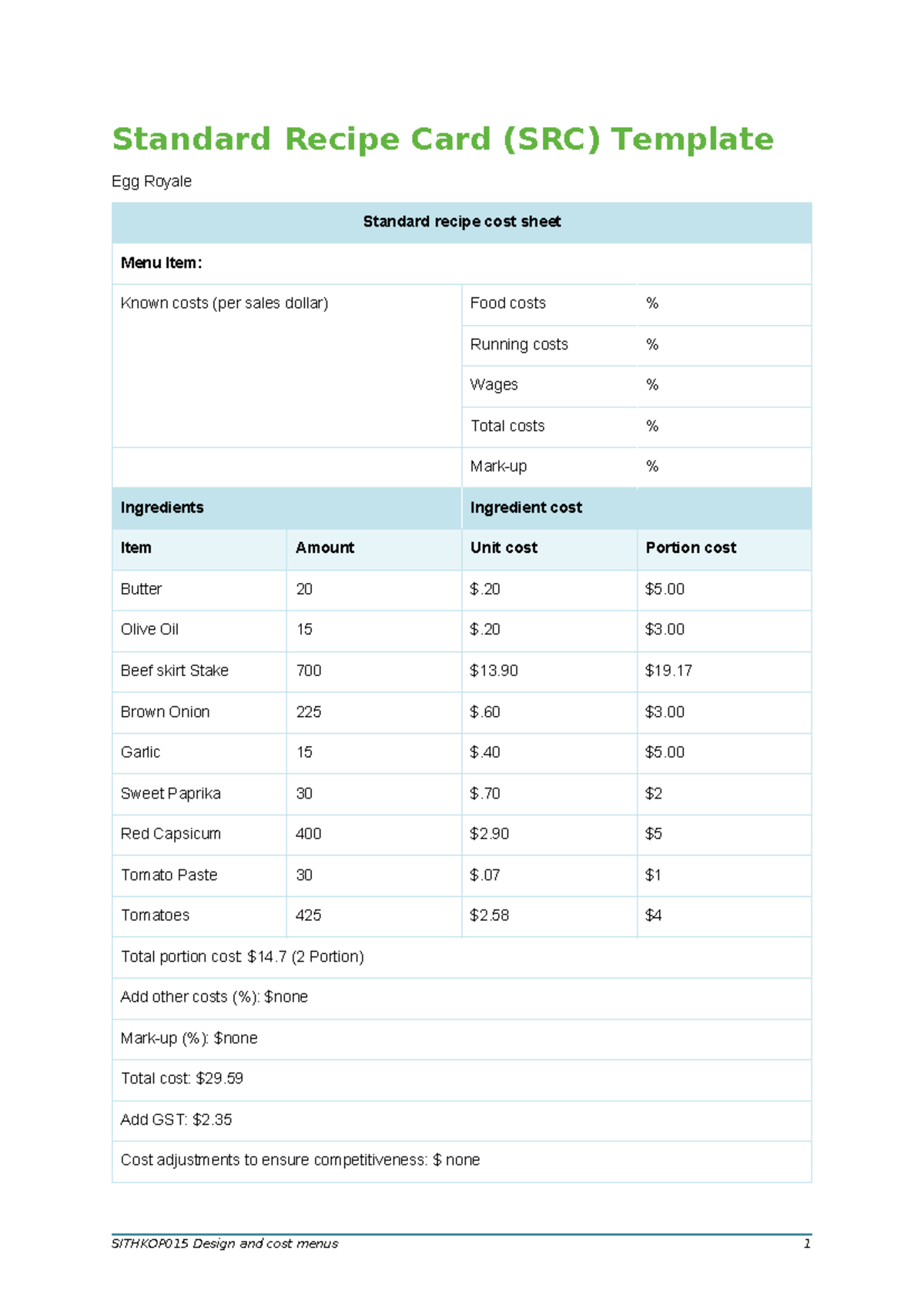 SITHKOP015 Standard Recipe Card Template for Egg Royale - Studocu