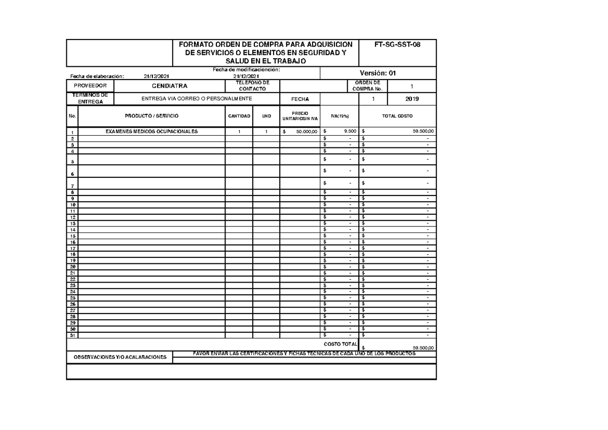 Formato Orden DE Compra PARA Adquisicion DE Servicios O Elementos EN ...