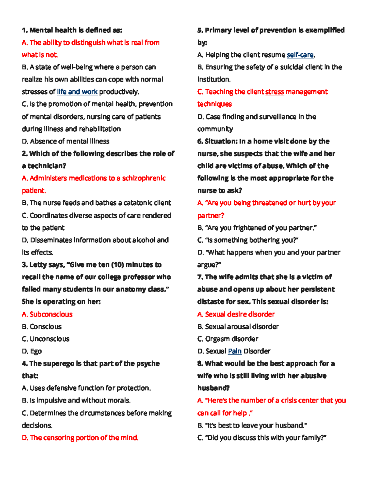 Mental Health Questions and Answers for PSY 101 Final Exam - Studocu