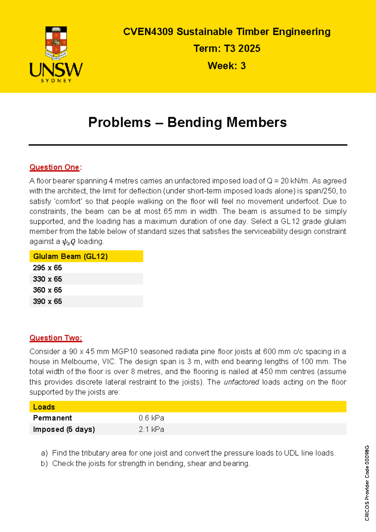 CVEN4309 T3 2025 Week 3 Problems: Bending Members Analysis - Studocu