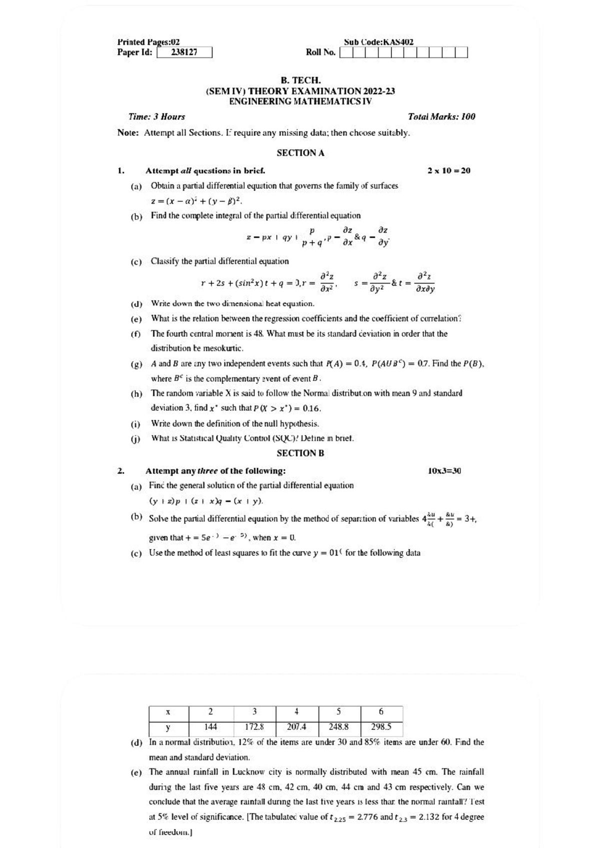 KAS402 Engineering Mathematics IV - Previous Year Question Paper - Studocu
