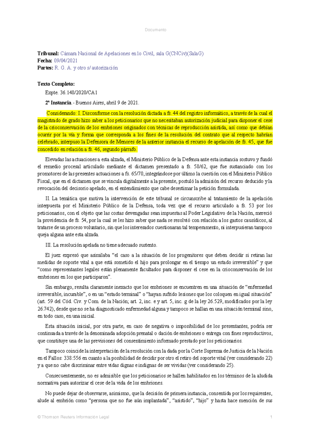 CNCiv - Sala G: Análisis de la Apelación sobre Crioconservación de ...