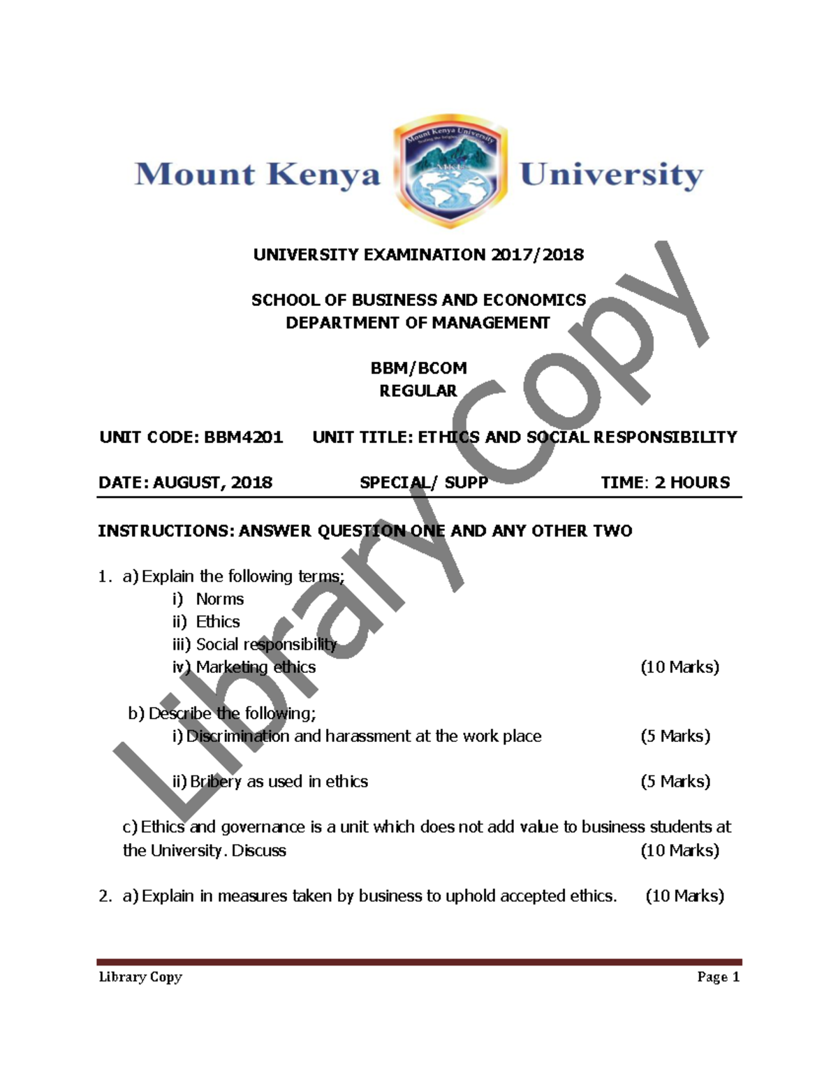 BBM4201 Ethics and Social Responsibility Exam Supplementary - Studocu