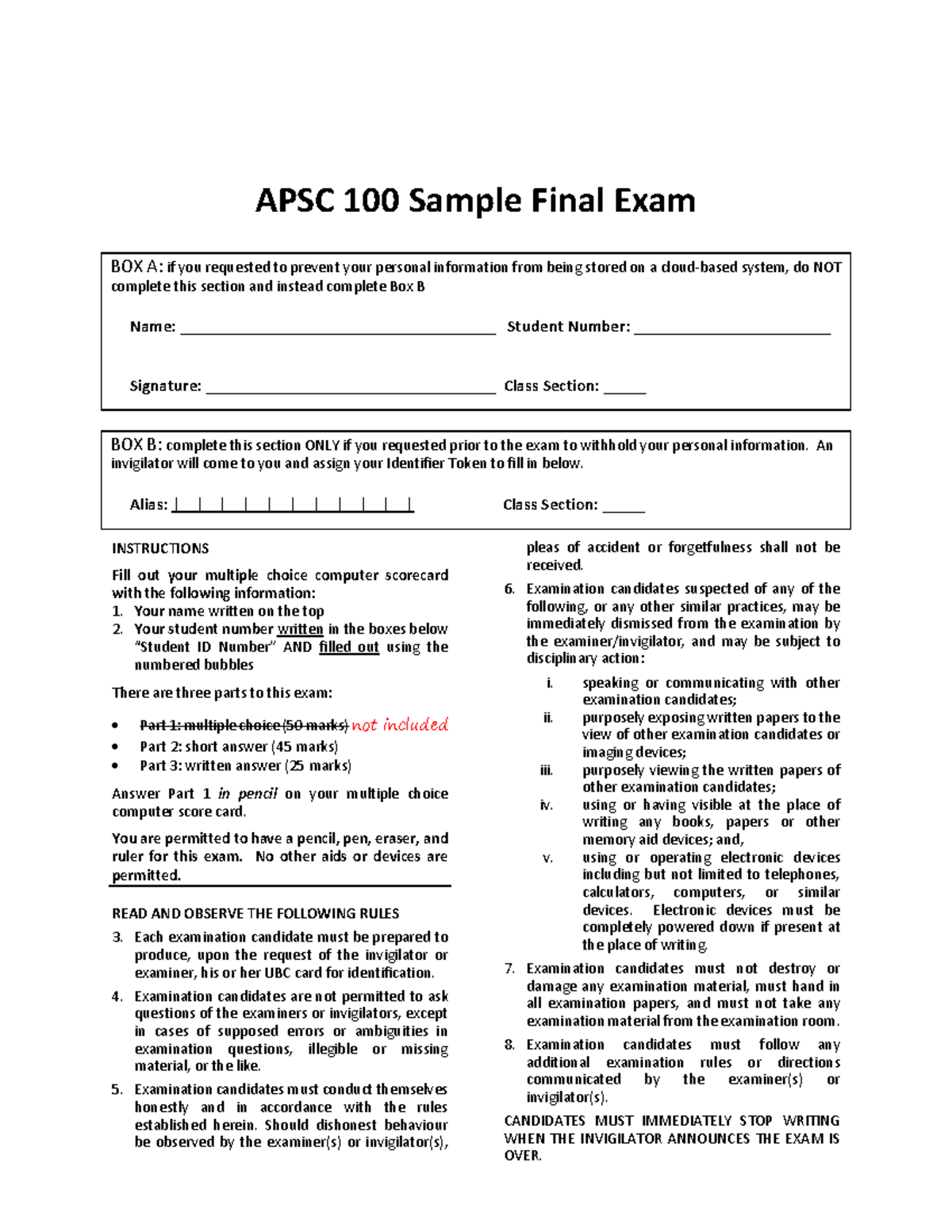 APSC 100 Sample Final Exam Review and Guidelines for Students - Studocu