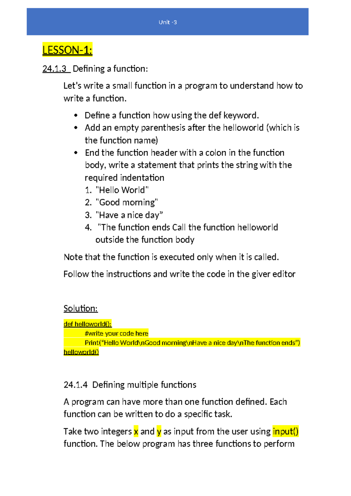 Unit 3 Python Functions and Basics: Lesson Overview and Solutions - Studocu