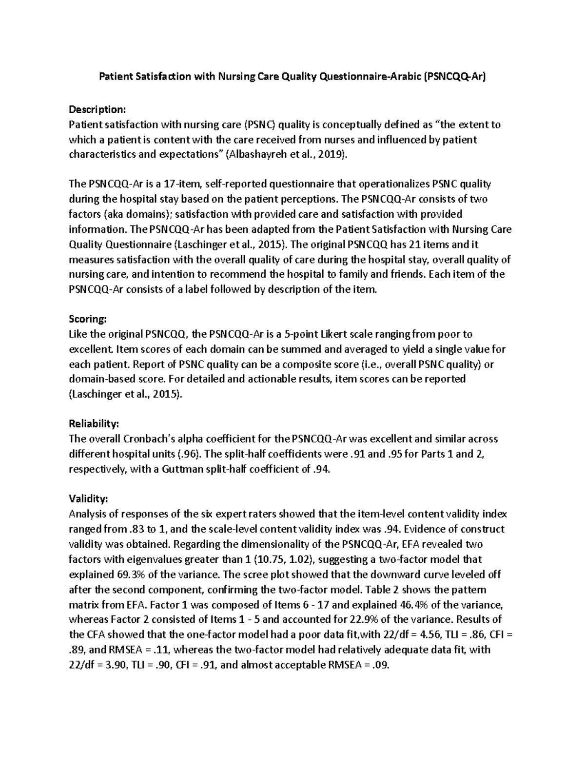Patient Satisfaction with Nursing Care Quality (PSNCQQ) Analysis - Studocu