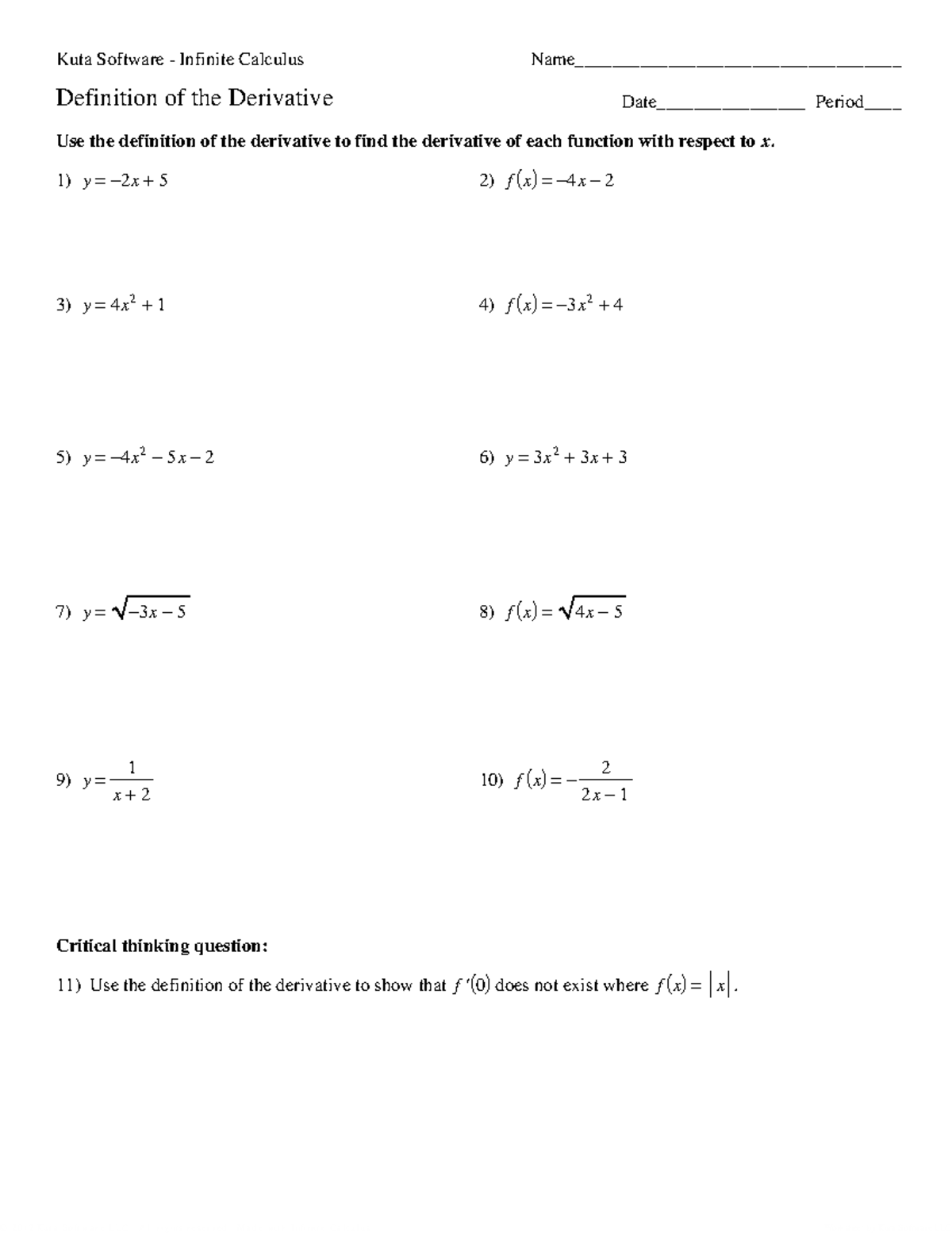 K2-1 - Derivative Definition and Function Derivatives Worksheet - Studocu