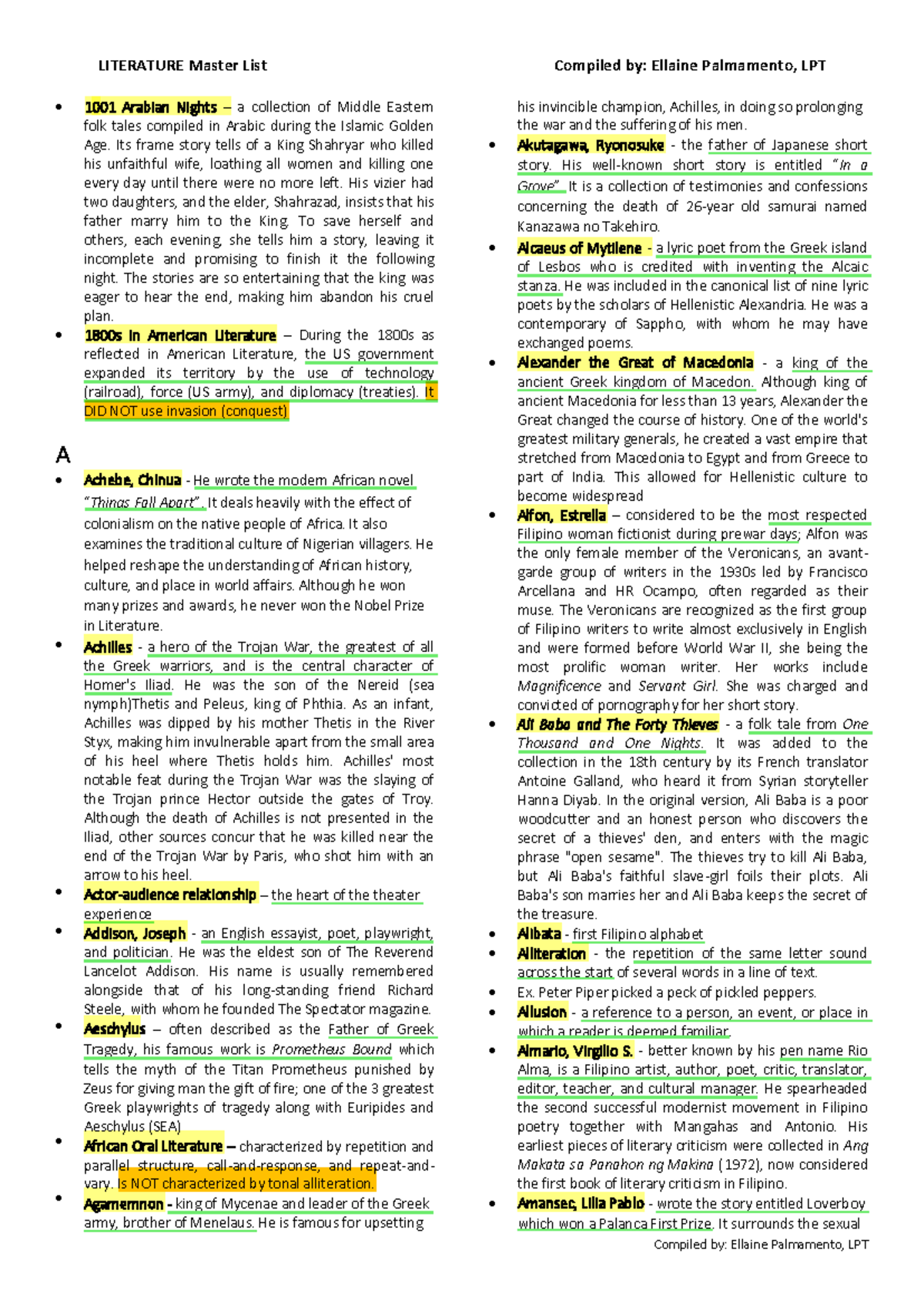 LITERATURE Master List: Key Works and Authors Overview - Studocu