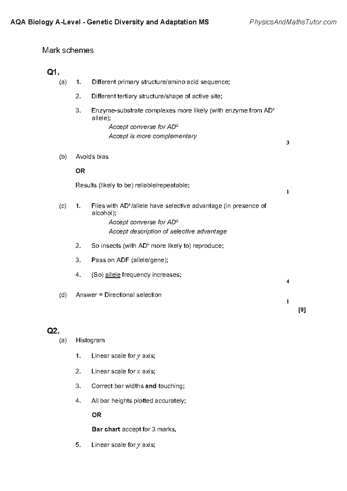 AQA Biology 4.4 Genetic Diversity and Adaptation Mark Scheme - Studocu