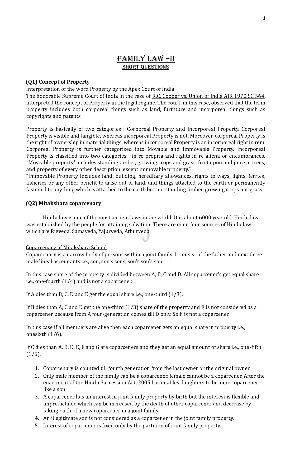 Family Law II Short Answer Questions and Key Concepts - Studocu