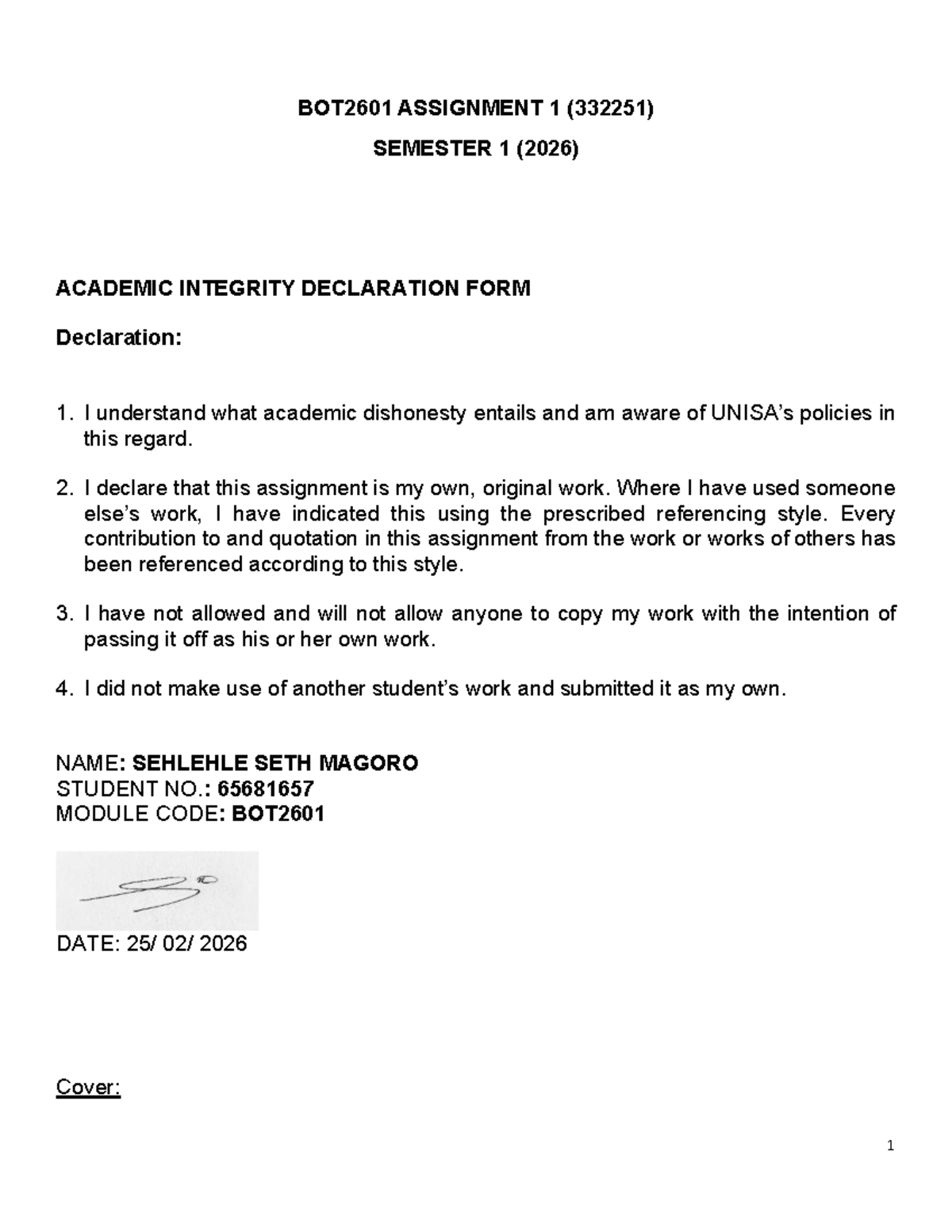BOT2601 ASSIGNMENT 1 (332251) ACADEMIC INTEGRITY & ANSWERS - Studocu