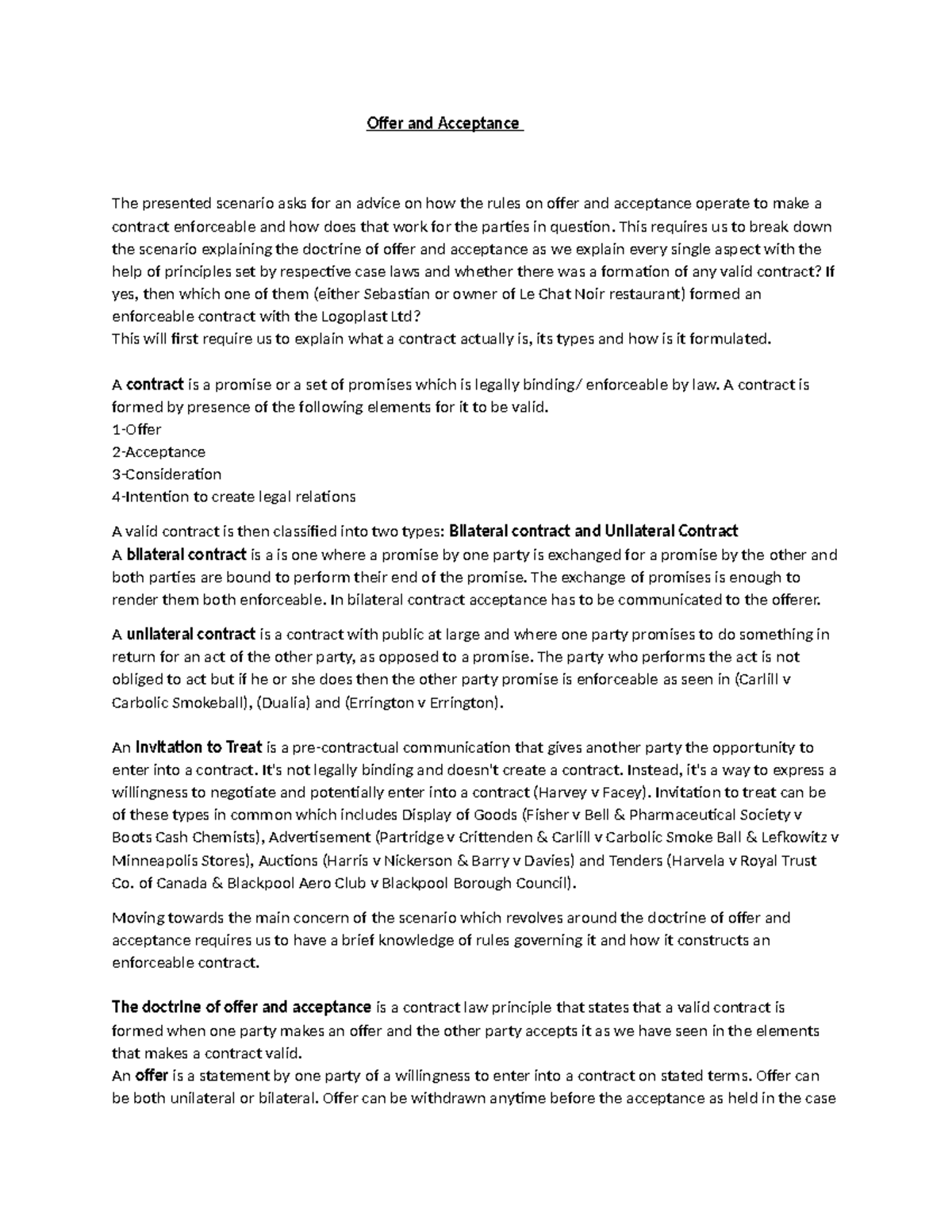 Contract Law Analysis: Offer and Acceptance in Enforceable Agreements ...