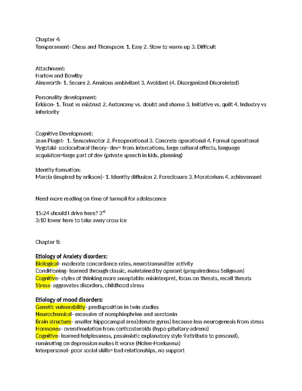 Extra Notes on PSYC 290: Chapters 4 & 8 - Development & Anxiety - Studocu