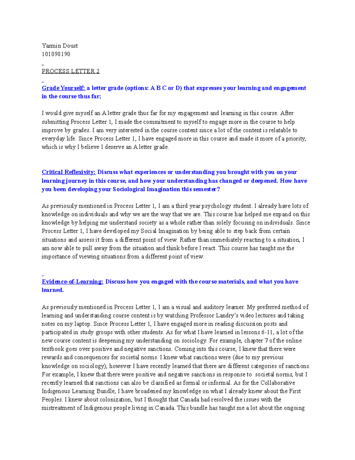 Process Letter 2 - Yasmin Doust 101098190 PROCESS LETTER 2 Grade ...