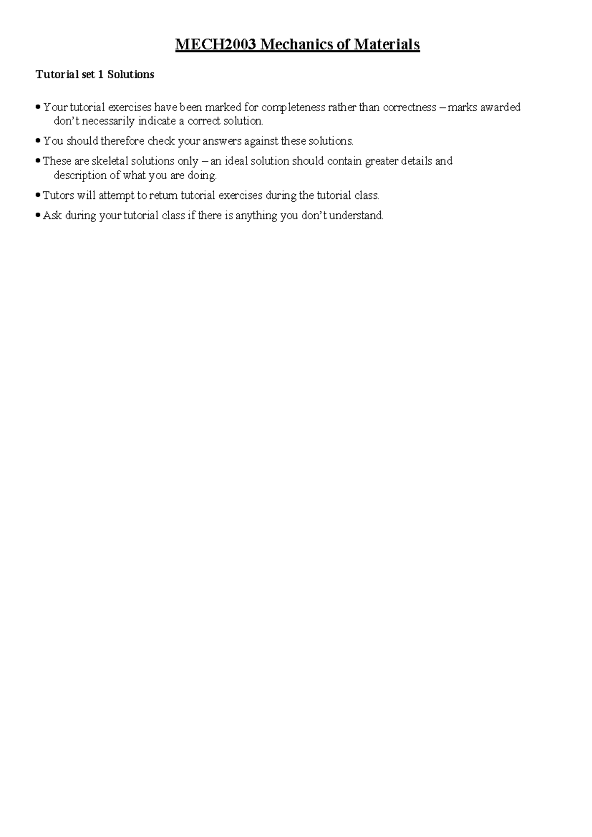 MECH2003 Final Exam Tutorial Set 1 Solutions (2024) - Studocu
