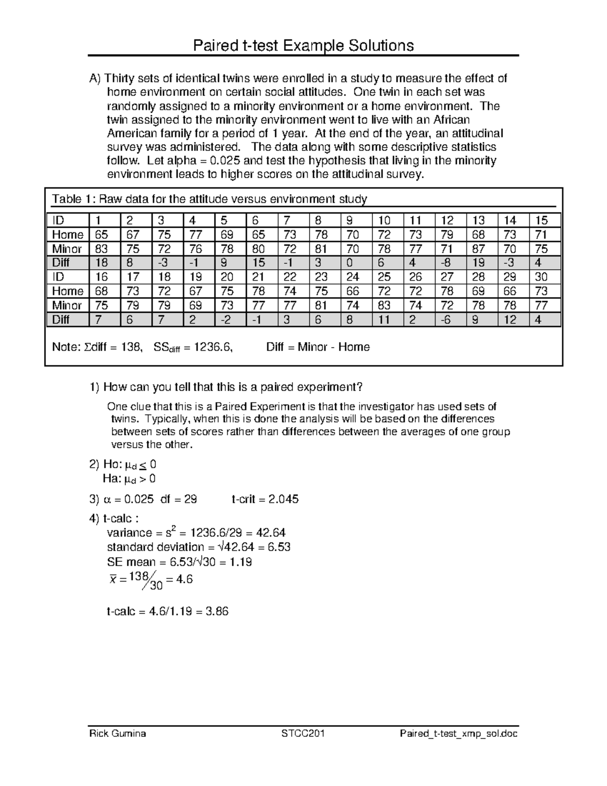 Paired t-test xmp sol - notes - Paired t-test Example Solutions Rick ...