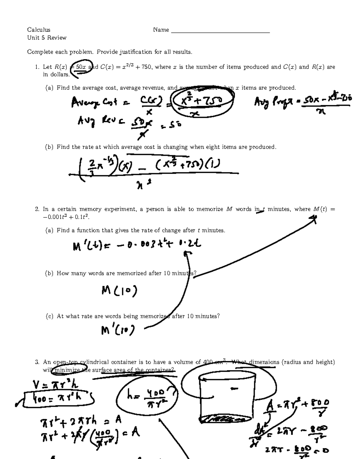 Calculus Unit 5 Review: Average Cost, Revenue, and Profit Analysis ...