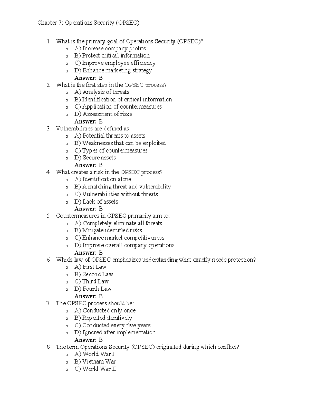 Operation Security MCQs - Chapter 7: Operations Security (OPSEC) 1 ...