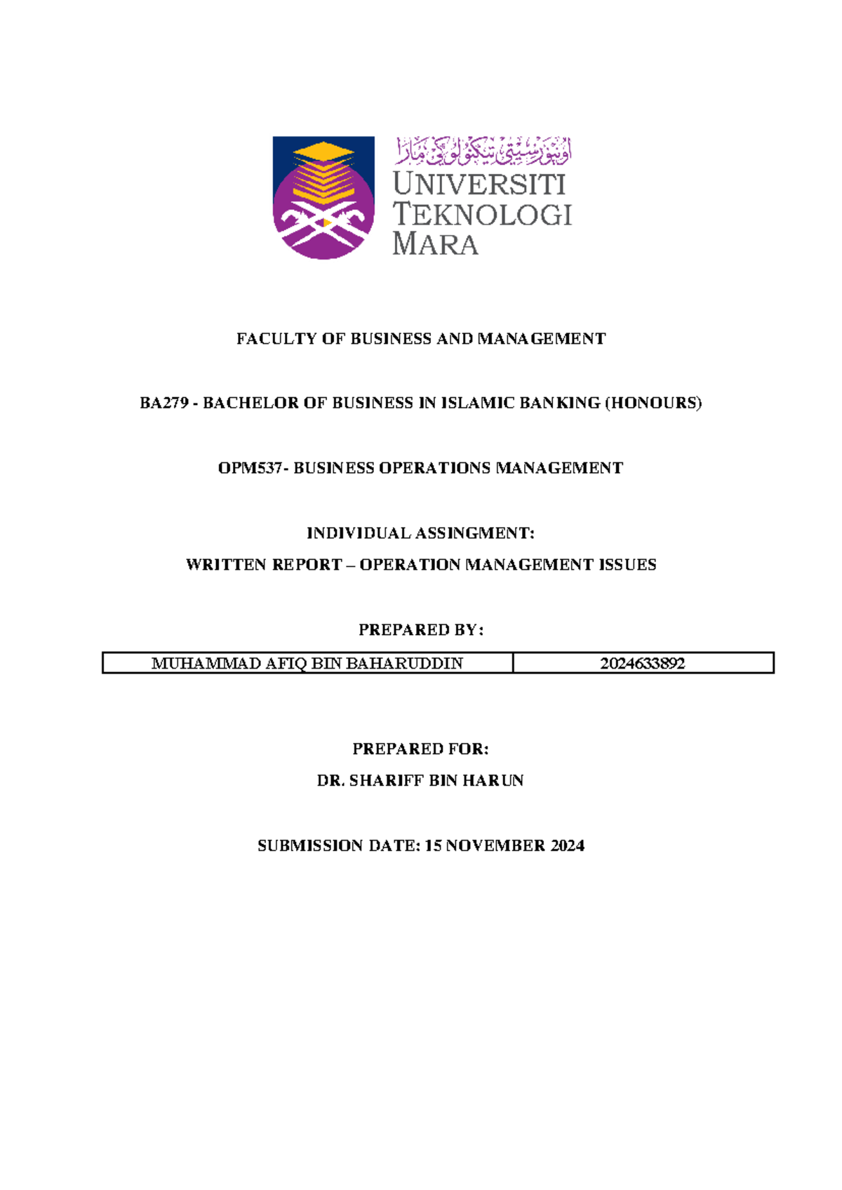 Individual Assignment OPM537 - FACULTY OF BUSINESS AND MANAGEMENT BA279 ...