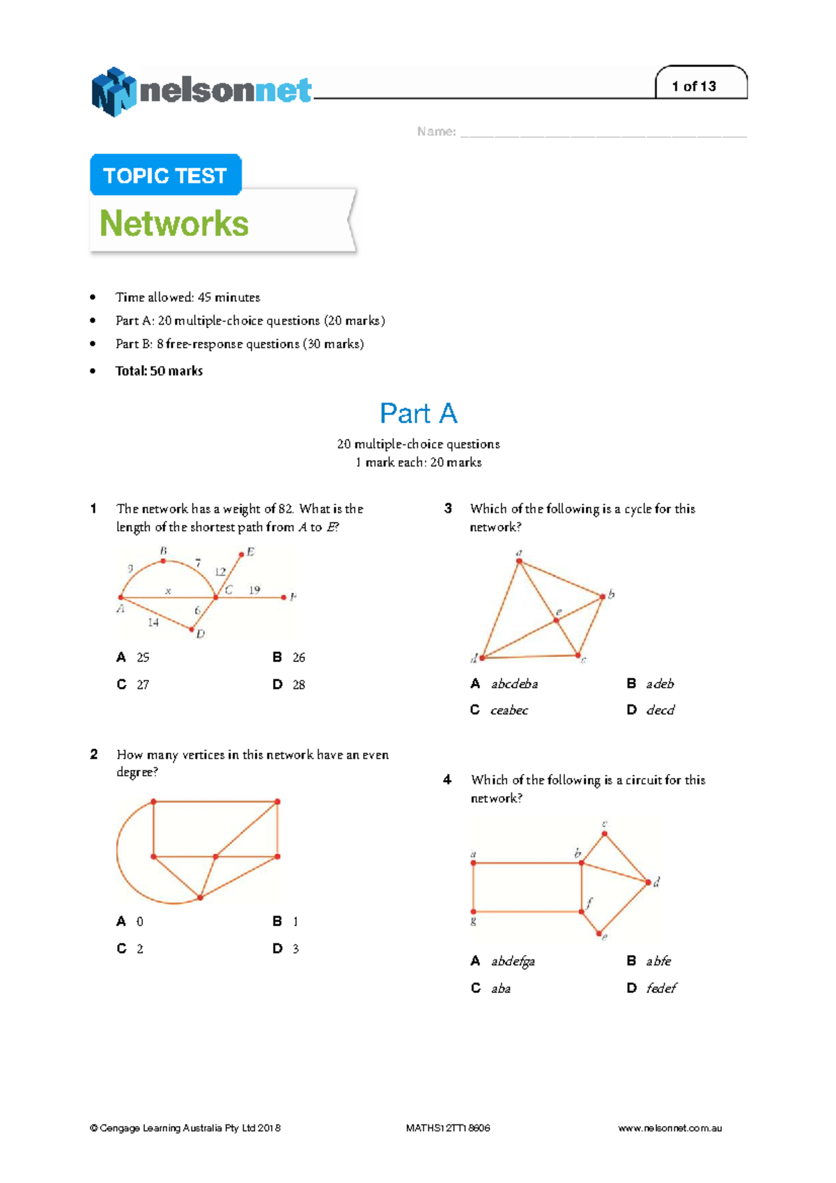 MATHS12TT18606 Topic Test: Networks with Questions & Solutions - Studocu
