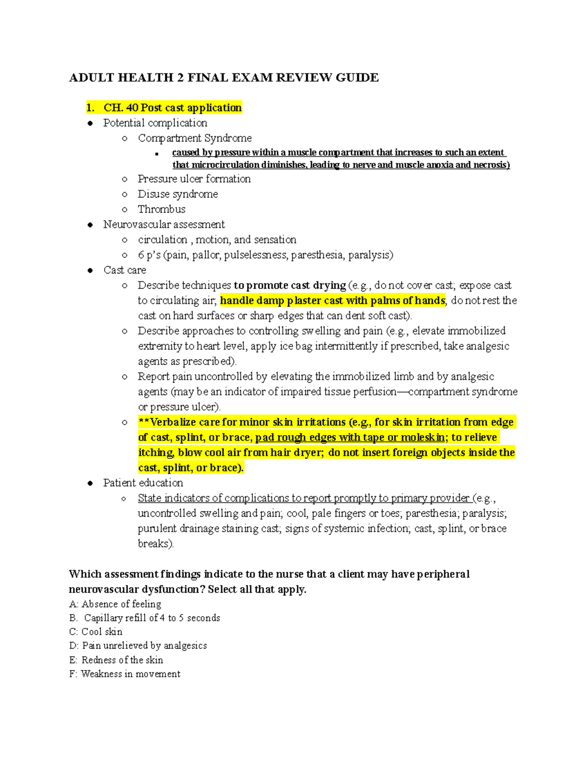 Adult Health 2 Final Exam Review Guide: Key Concepts & Nursing ...