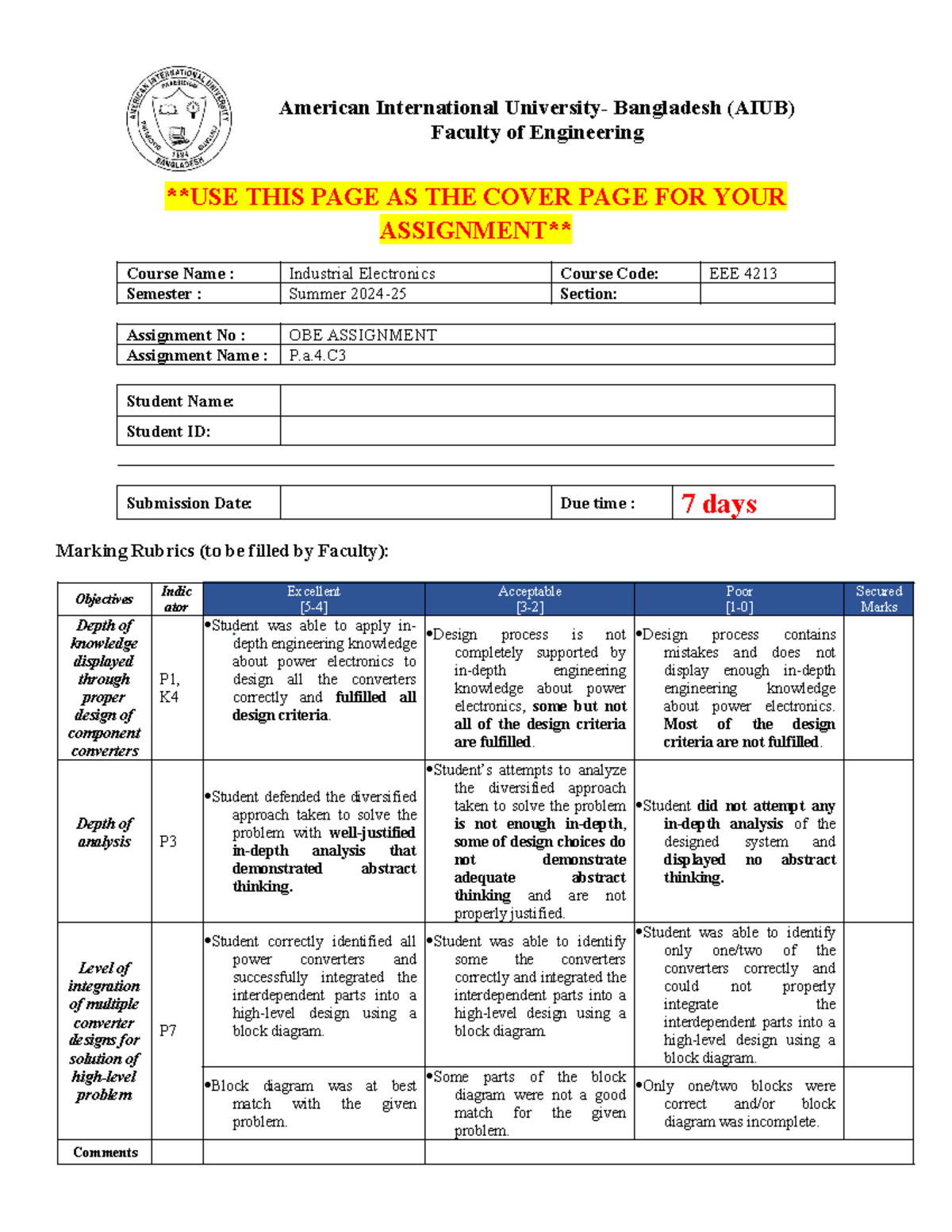 IED OBE Assignment Summer 24-25: Industrial Electronics Analysis - Studocu