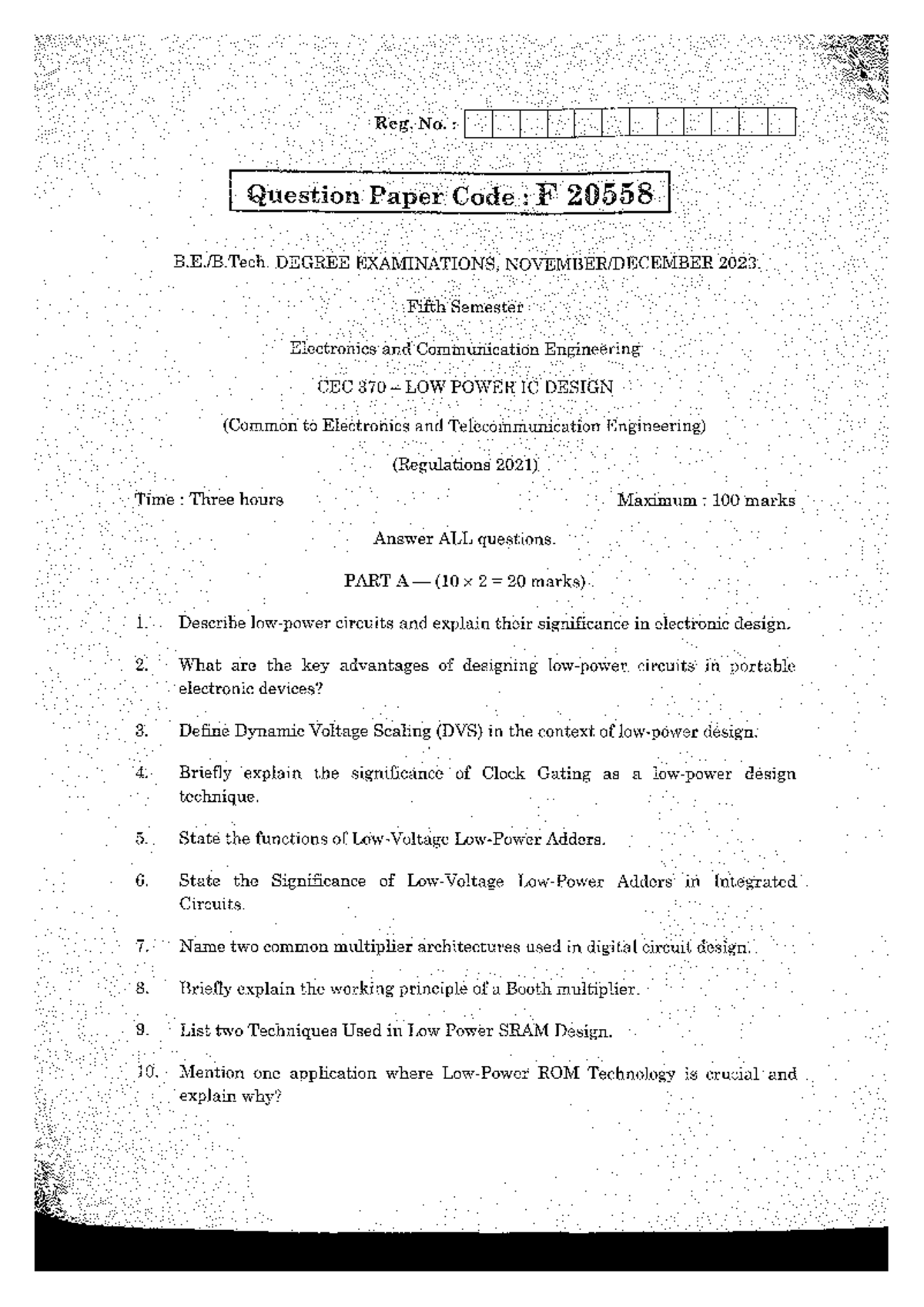 CEC 370 Final Exam Question Paper: Low Power IC Design 2023 - Studocu