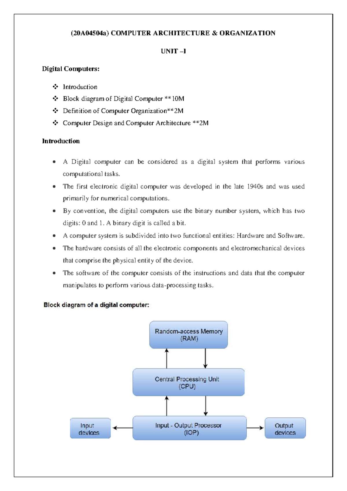 (20A04504a) CAO Unit 1: Introduction to Computer Architecture ...