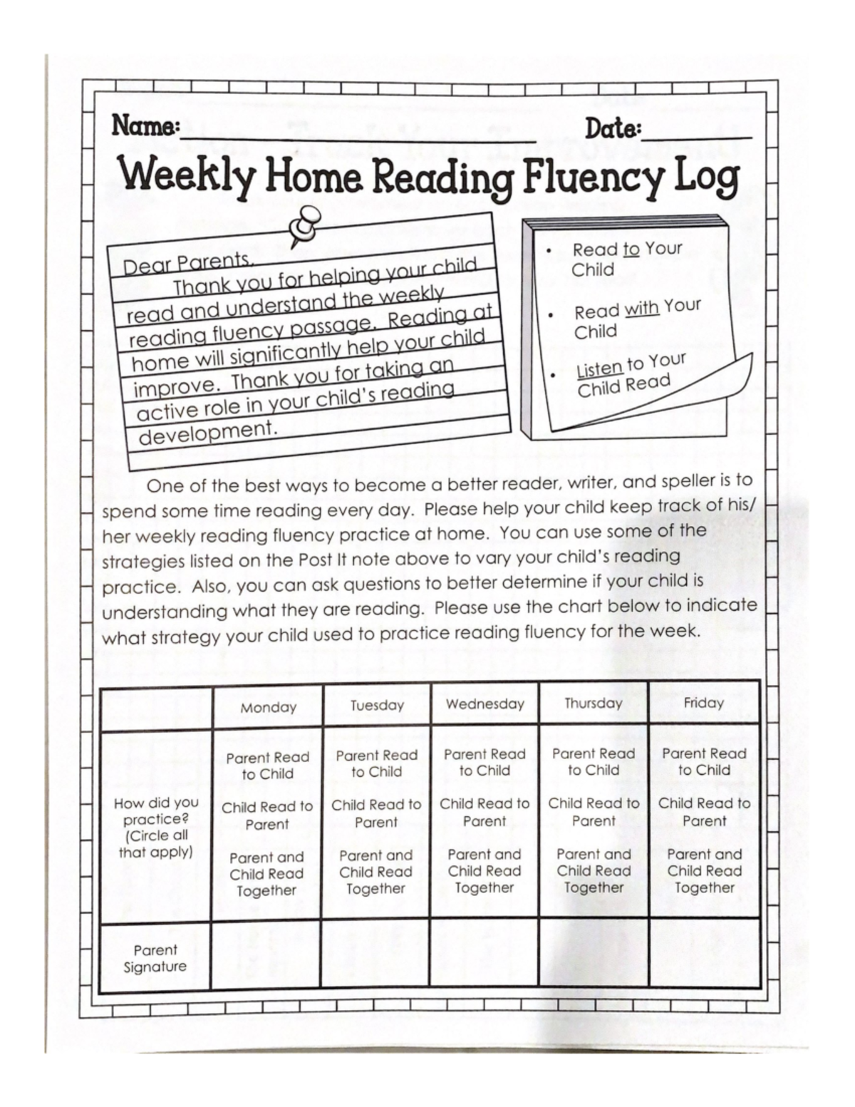 Fluency homeword - Name: Date: Weekly Home Reading Fluency Log Read to ...