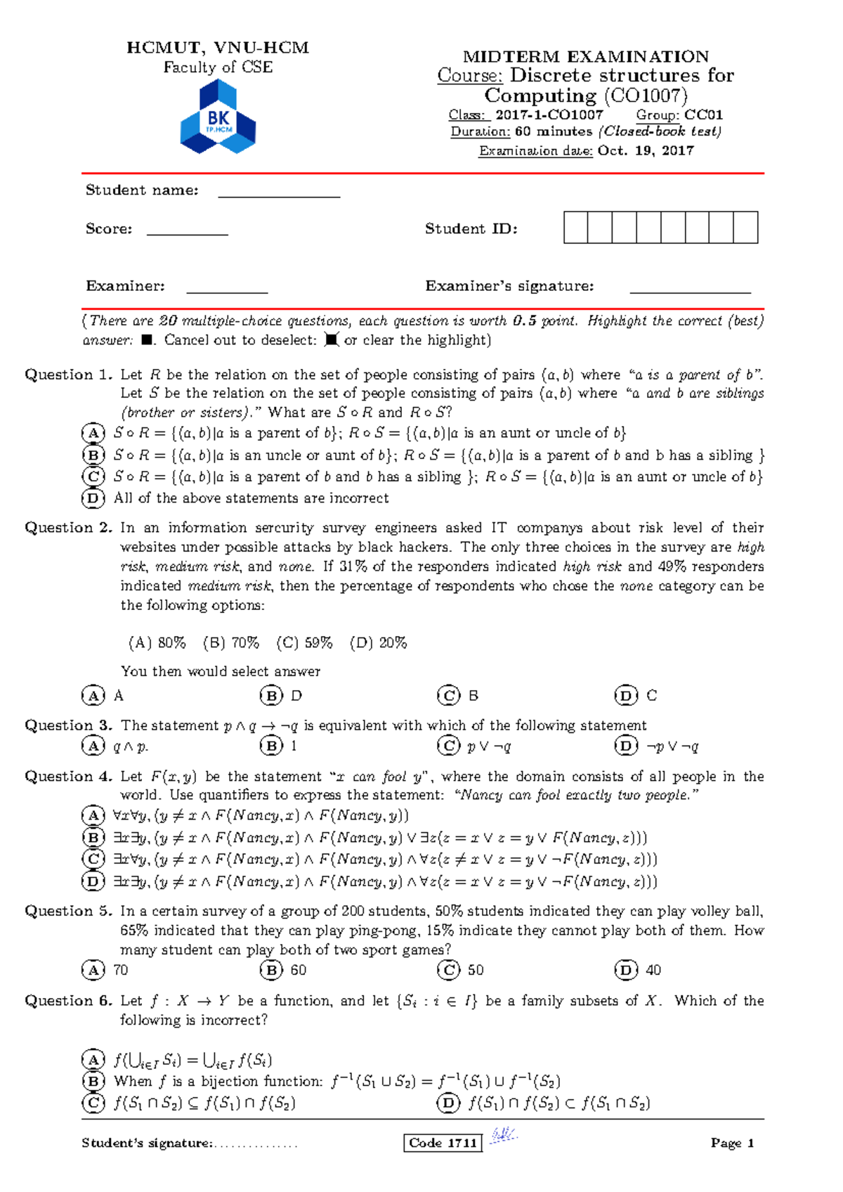 Midterm Exam 4 Key - Discrete Structures (CO1007) - Studocu