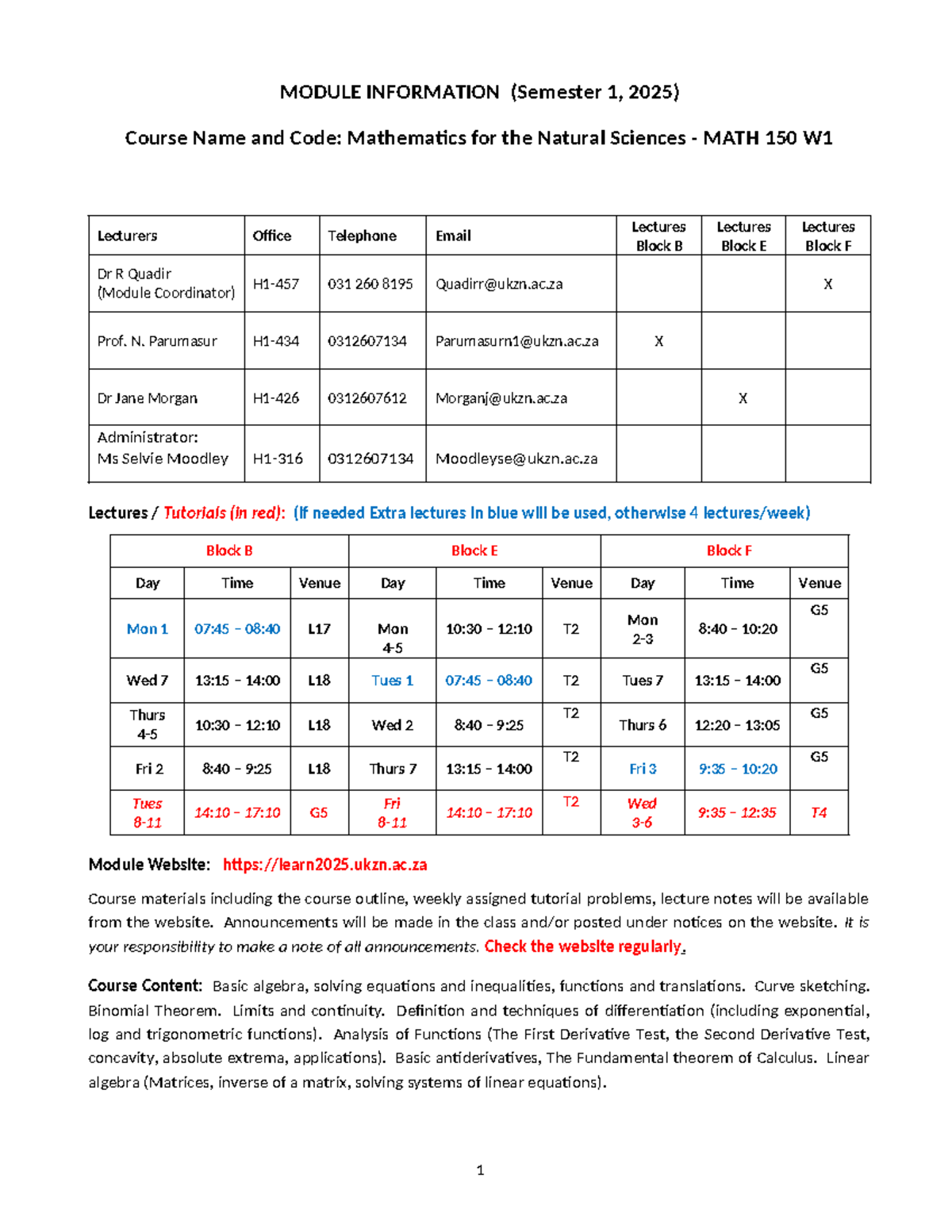 Course Information and Schedule for MATH150W1 - Semester 1, 2025 - Studocu