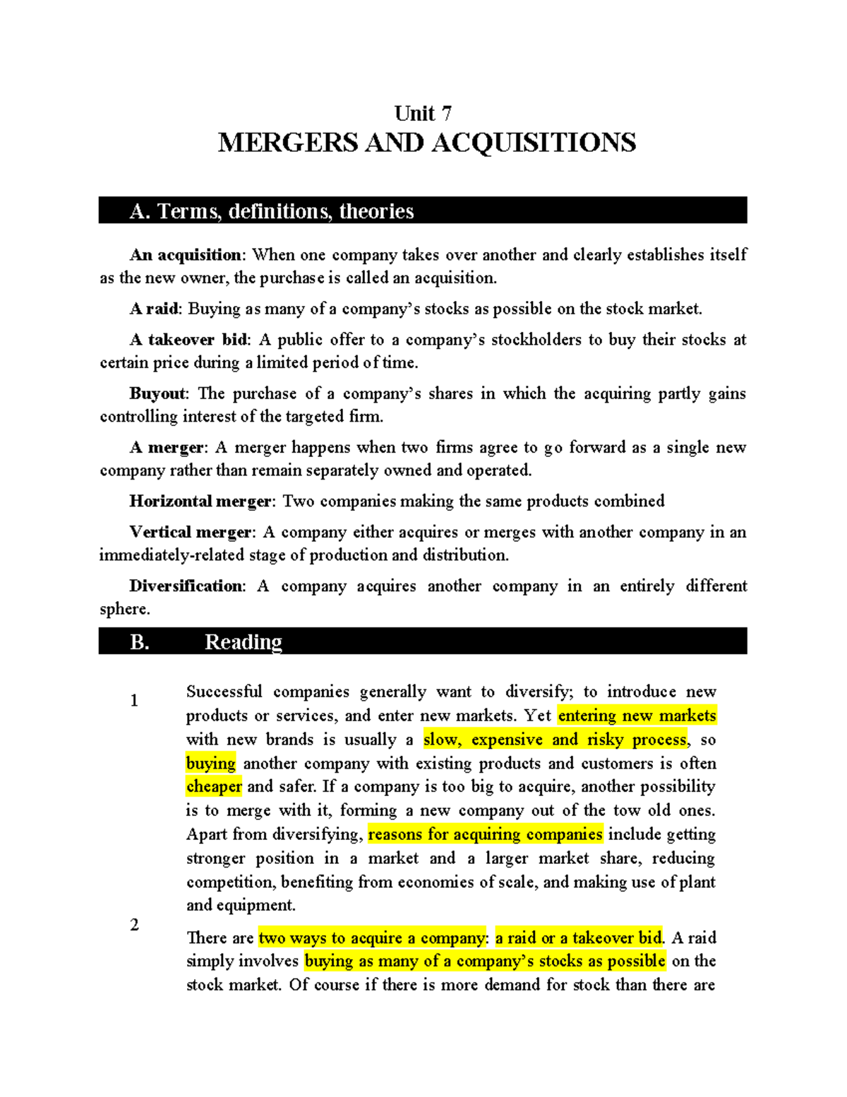 Bài tập Unit 7 - Mergers and Acquisitions Homework TACN 3 KT&KDQT - Studocu