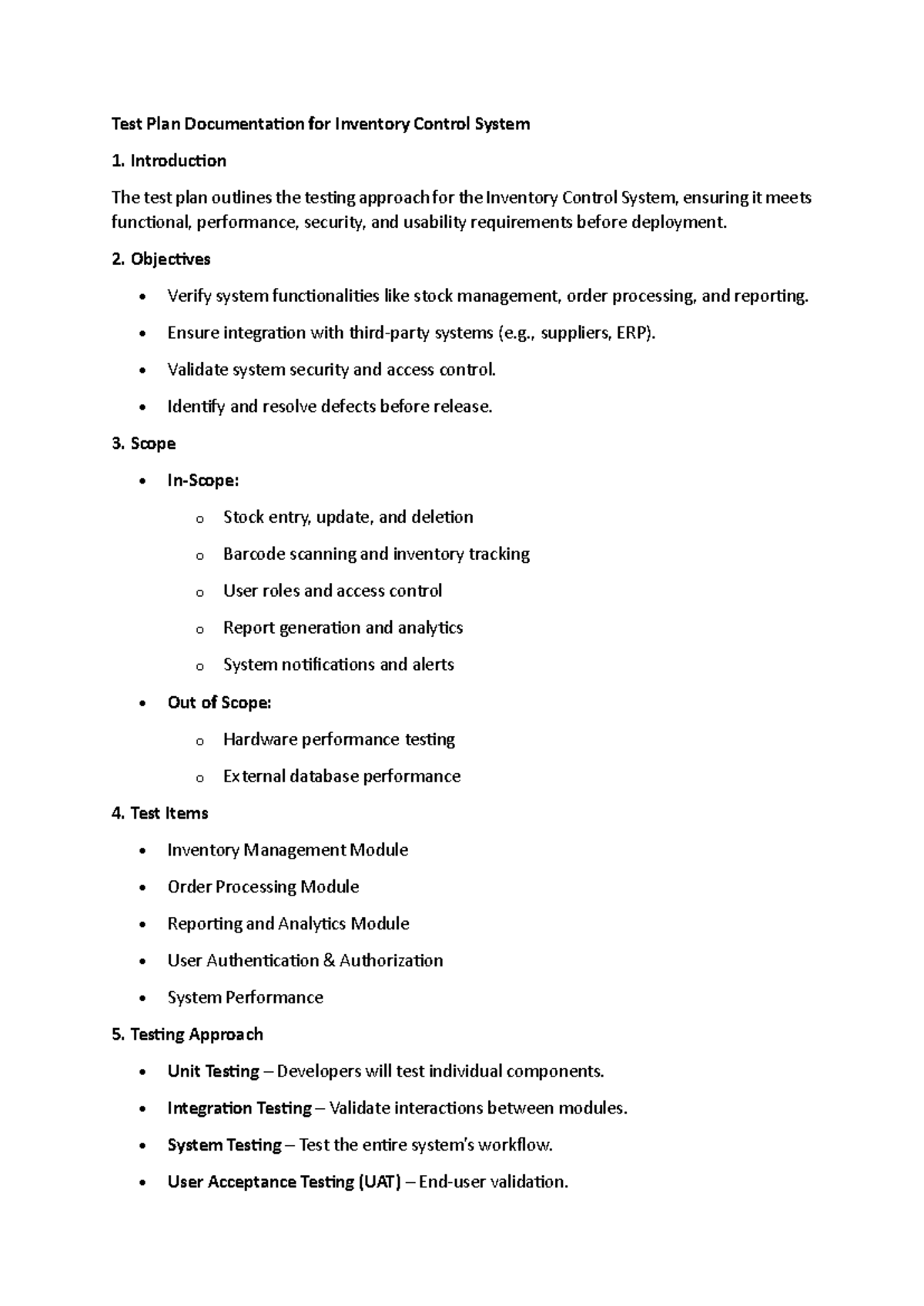 Test Plan Documentation for Inventory Control System (Ex4) - Studocu