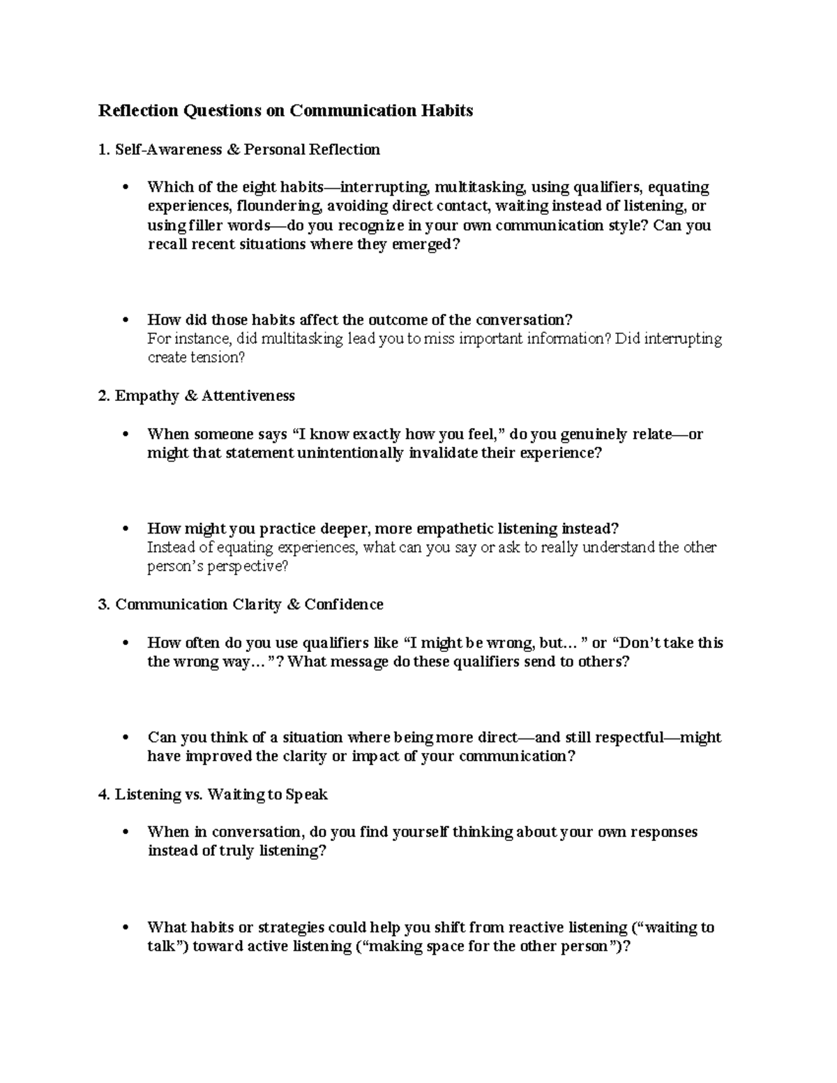 Reflection Questions on Comm. Habits: Personal Insights & Strategies ...