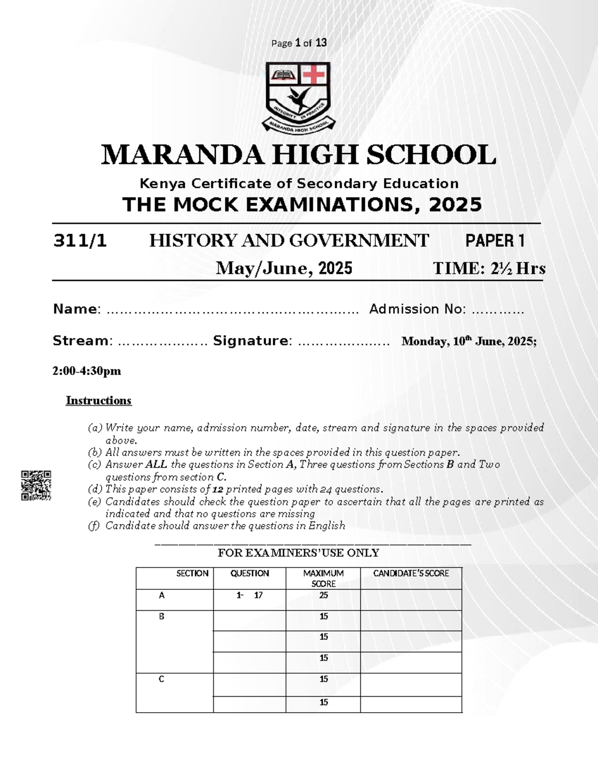 HIST 2025 Mock Exam Paper 1: History & Government Overview - Studocu