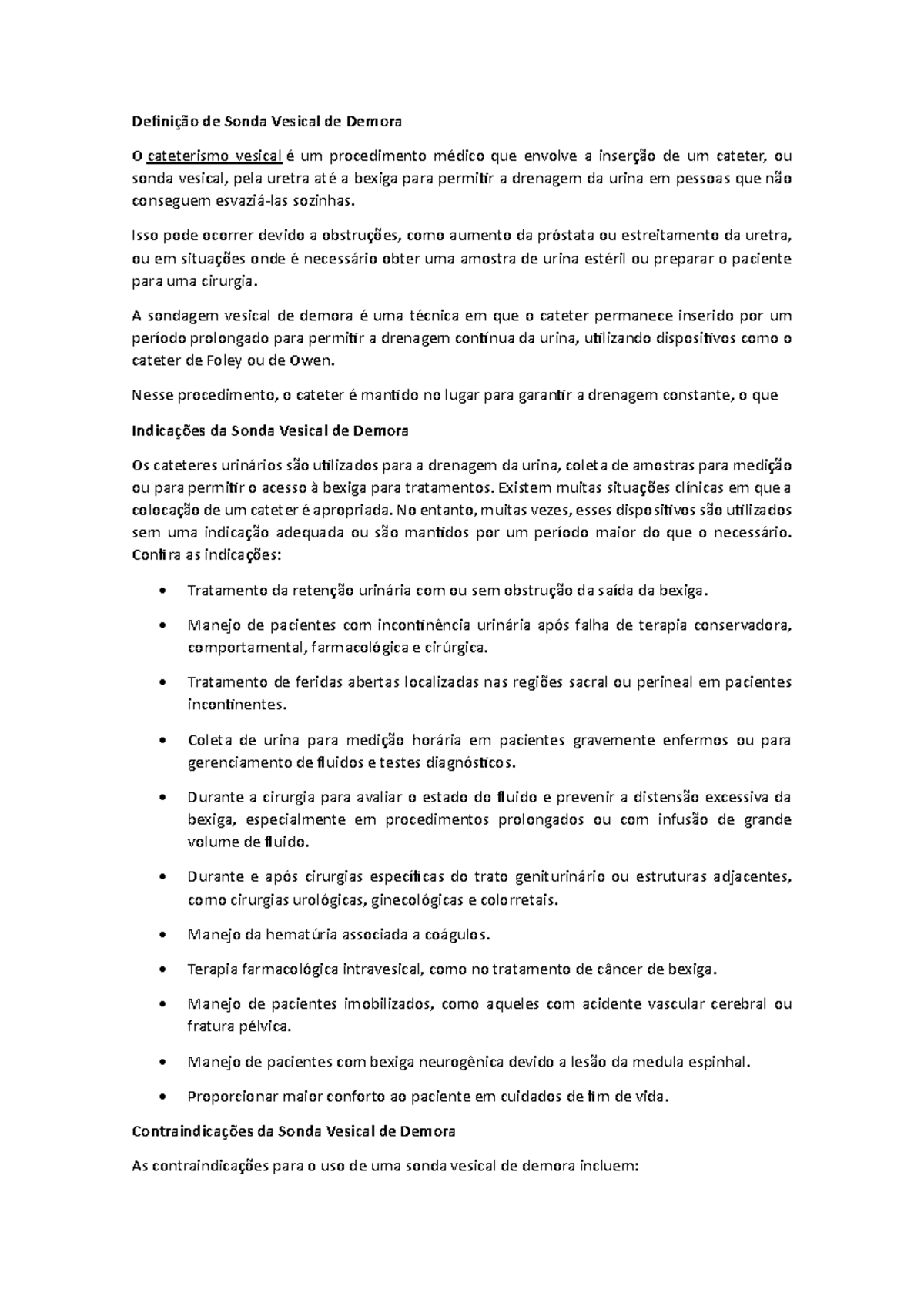 SVD - Definição e Indicações da Sonda Vesical de Demora - Studocu