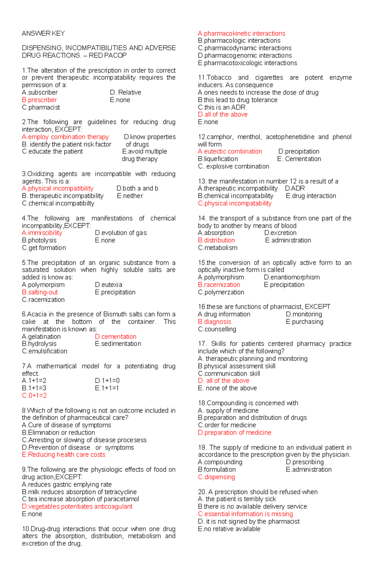 ANSWER KEY: DISPENSING, INCOMPATIBILITIES & ADRs - RED PACOP 1 - Studocu