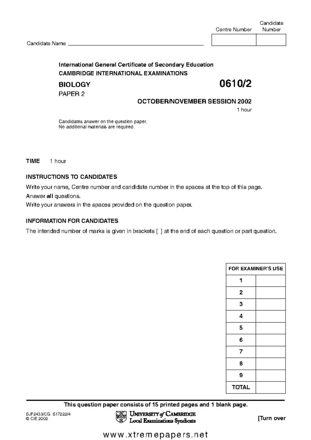 Biology IGCSE Paper 2 Exam 2002 - Candidate Instructions and Questions ...