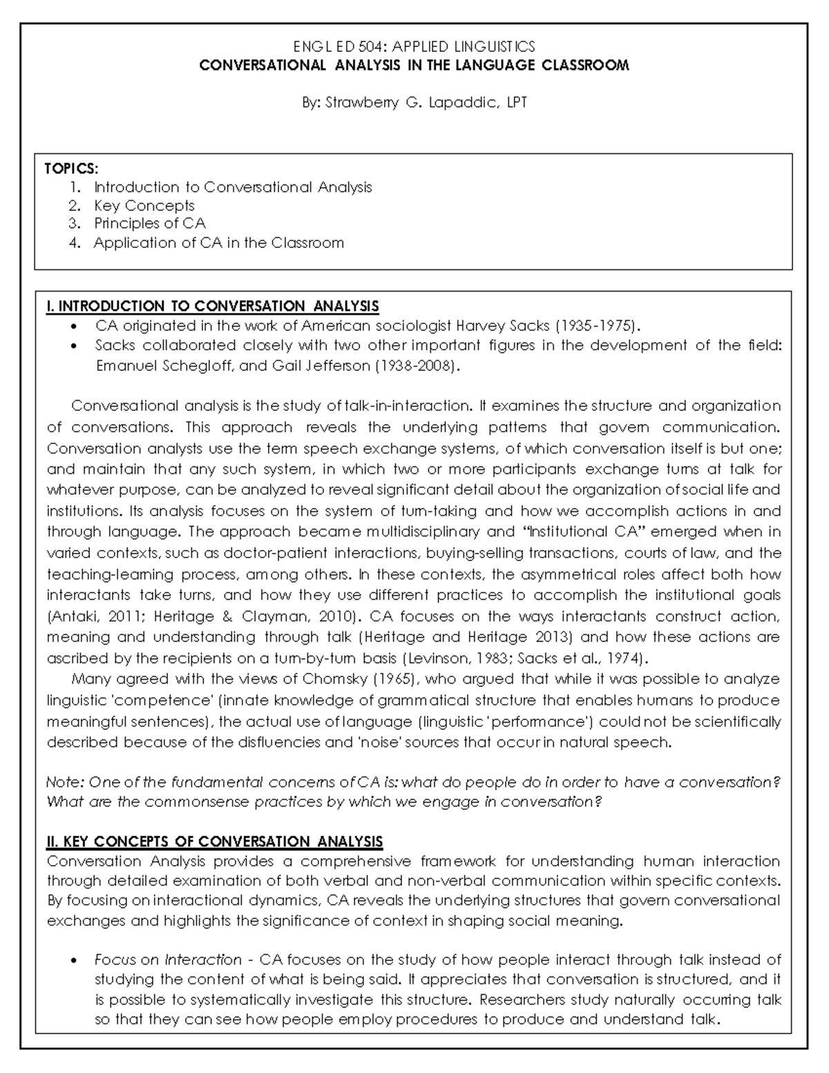 Conversation Analysis - ENGL ED 504: APPLIED LINGUISTICS CONVERSATIONAL ...