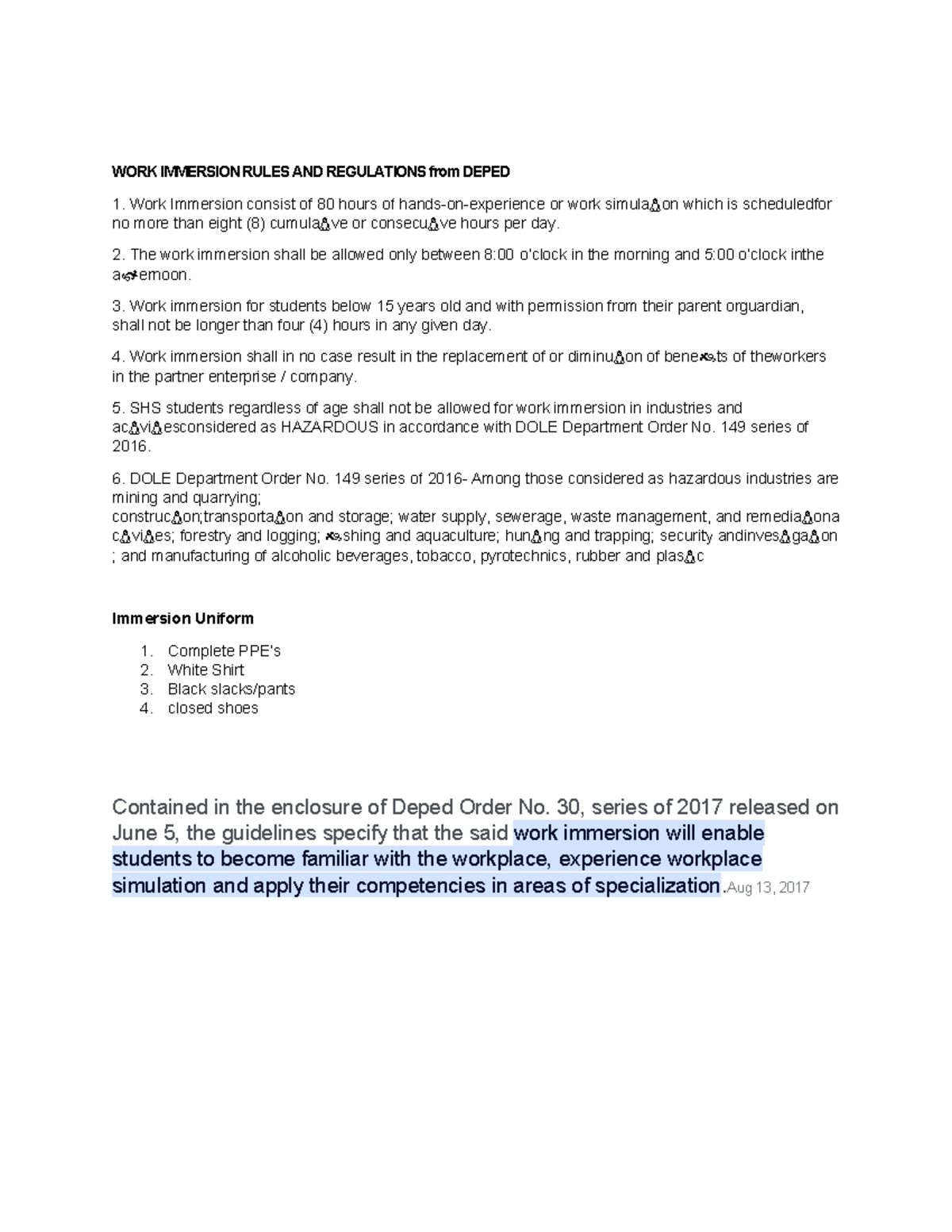 DepEd Work Immersion Rules & Regulations Overview - Studocu