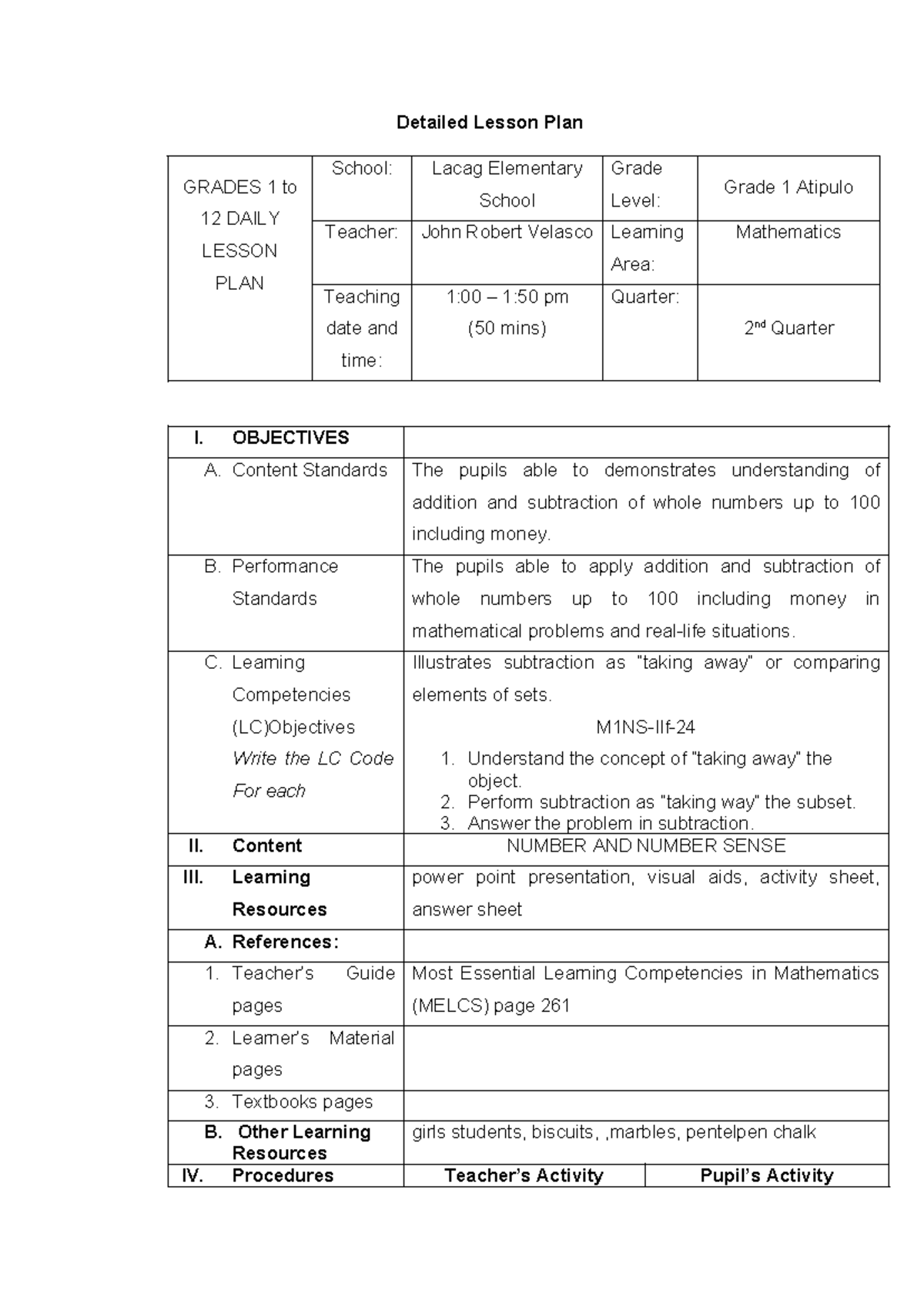 Detailed Lesson Plan for Math 1 (Grade 1) - 2nd Quarter - Studocu