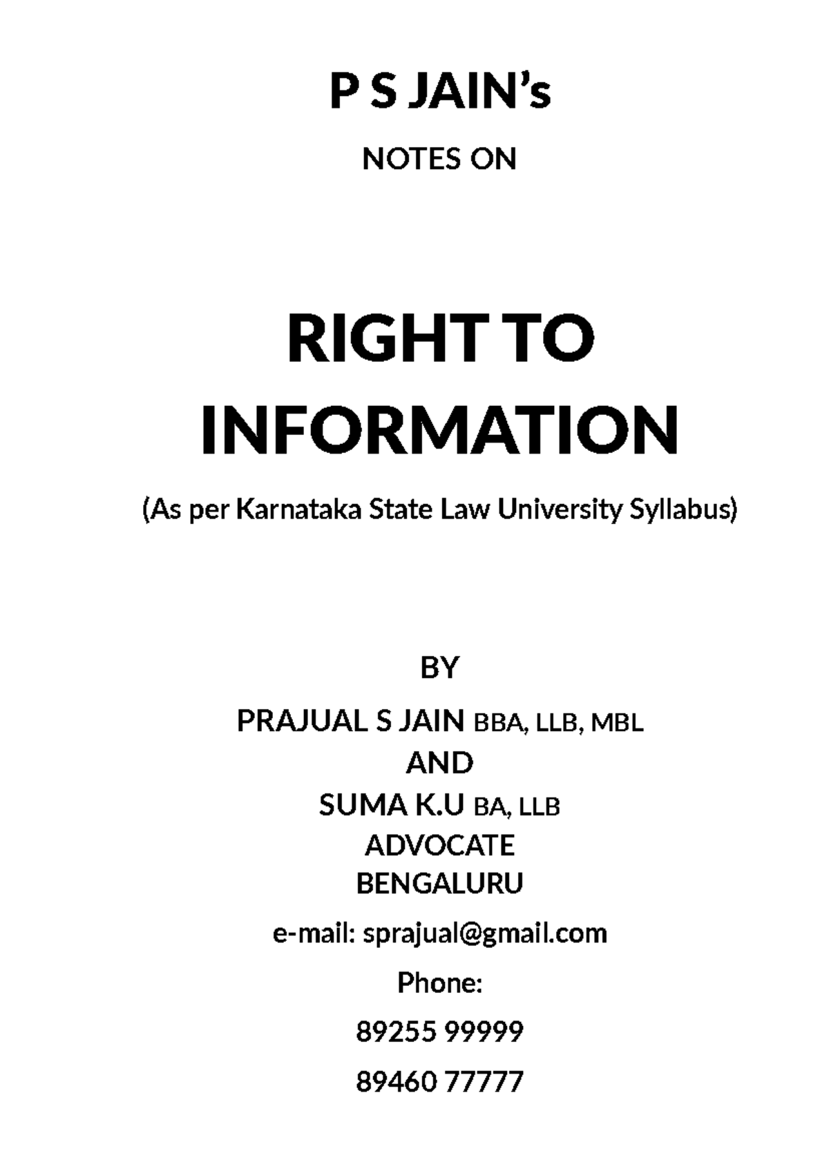 KSLU BBA, LLB - Unit 1: Comprehensive Notes on Right to Information - Document Preview