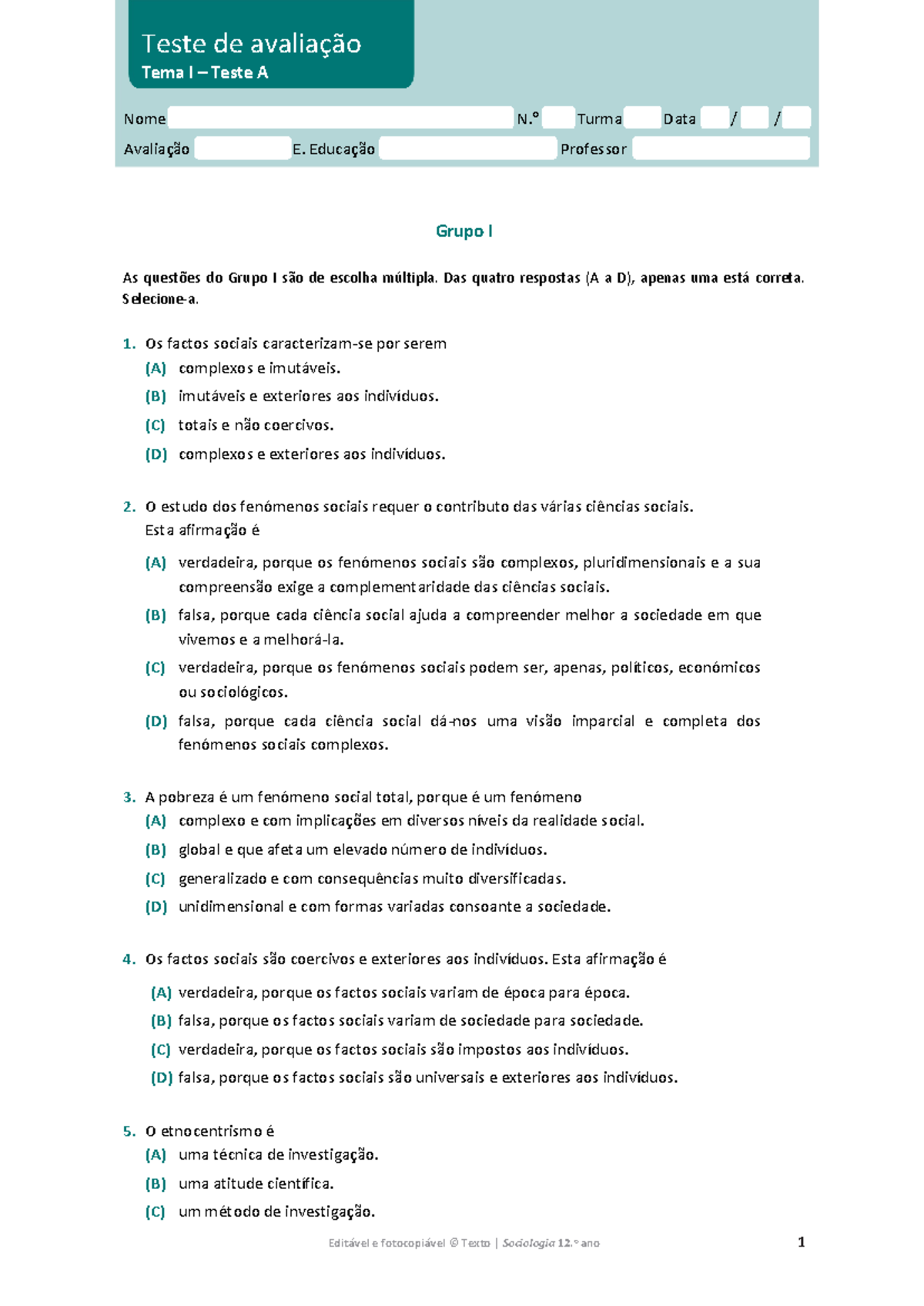 Teste de Avaliação Tema I - Sociologia 12º Ano - Studocu