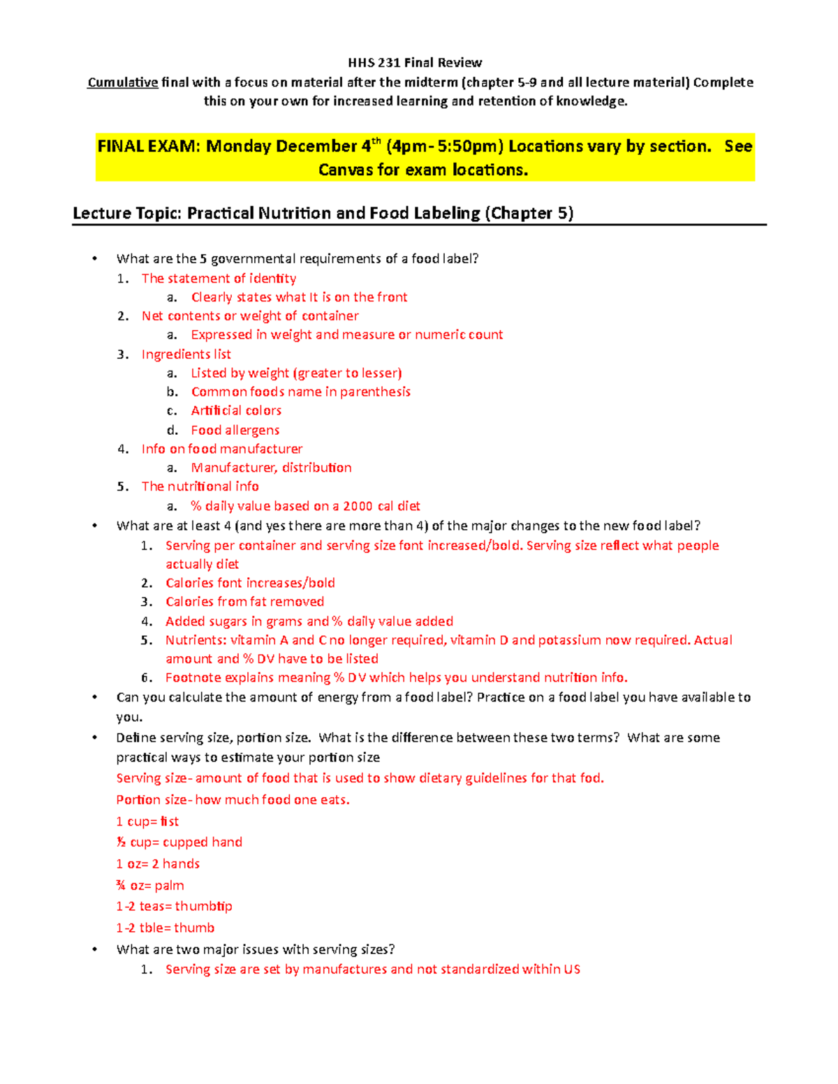 HHS 231 Final Exam Review Sheet (F17) - HHS 231 Final Review Cumulative ...
